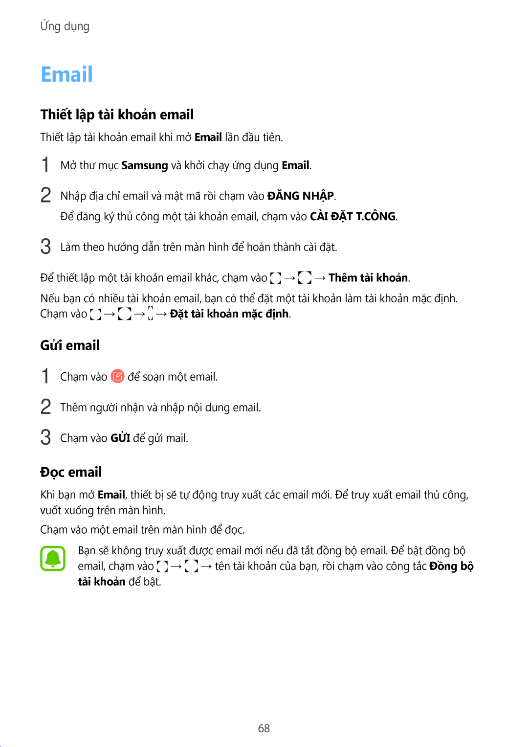 Samsung SM-A910FZDDXXV manual Thiết lập tài khoản email, Gửi email, Đọc email 