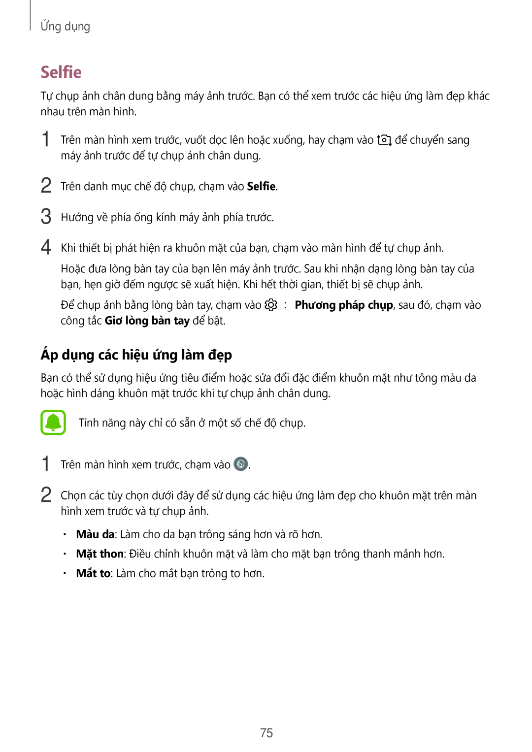 Samsung SM-A910FZDDXXV manual Selfie, Á́p dụng các hiệu ứng làm đẹp 