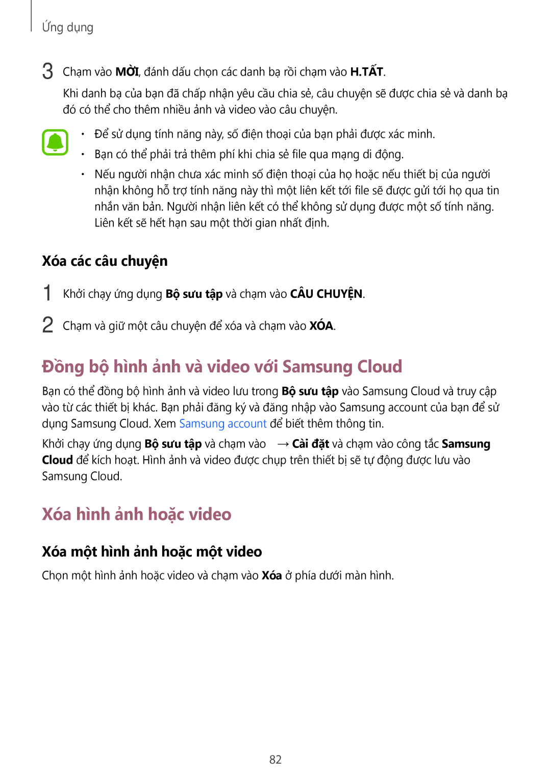 Samsung SM-A910FZDDXXV manual Đồng bộ hình ảnh và video với Samsung Cloud, Xóa hình ảnh hoặc video, Xóa các câu chuyện 