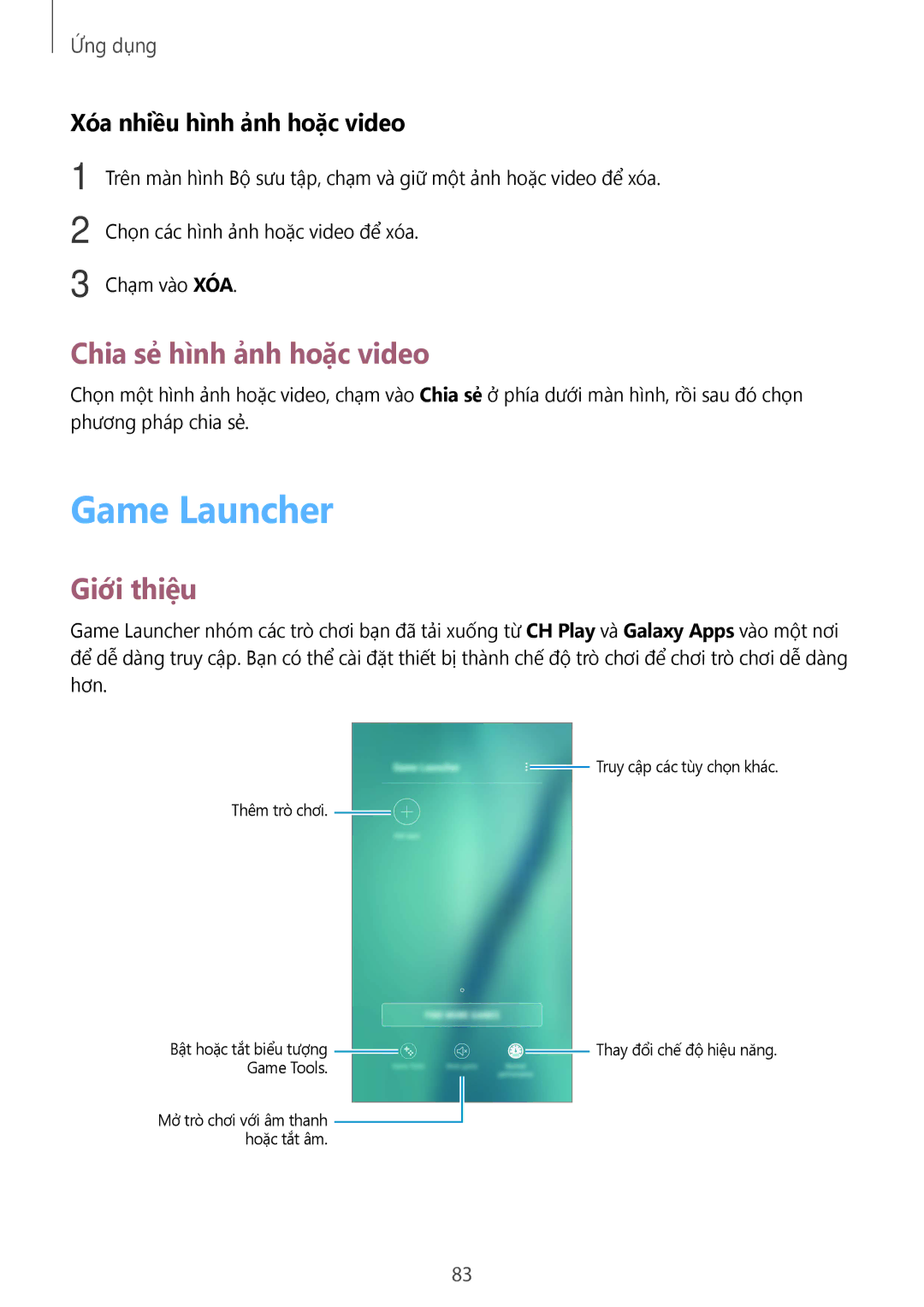 Samsung SM-A910FZDDXXV manual Game Launcher, Chia sẻ hình ảnh hoặc video, Xóa nhiều hình ảnh hoặc video 