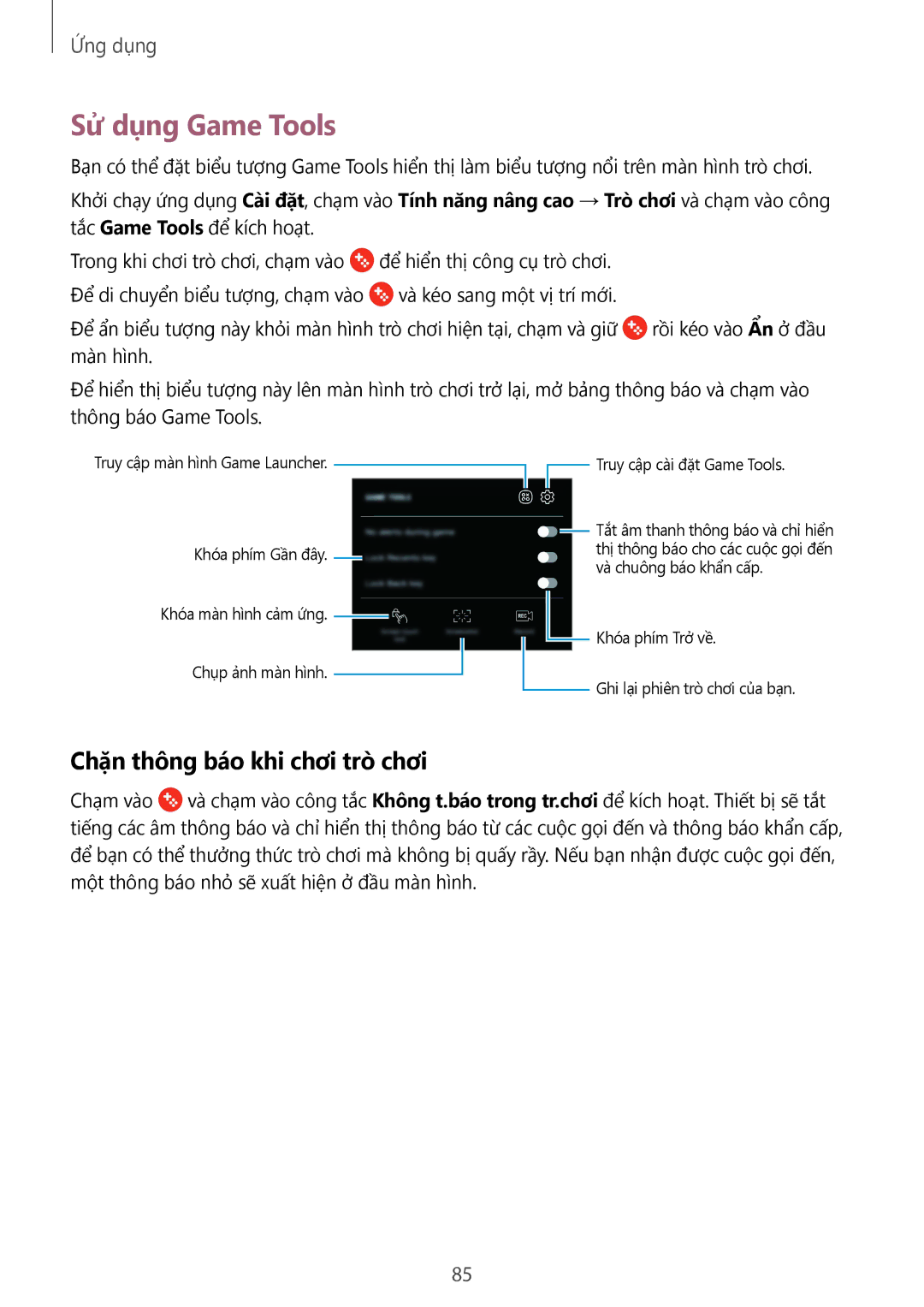 Samsung SM-A910FZDDXXV manual Sử dụng Game Tools, Chặn thông báo khi chơi trò chơi 