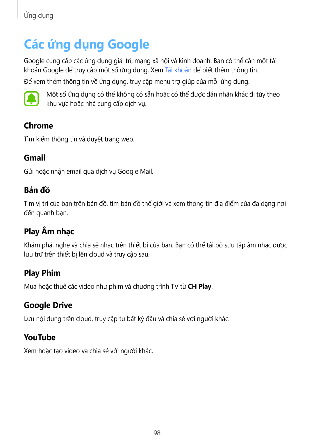 Samsung SM-A910FZDDXXV manual Các ứng dụng Google 