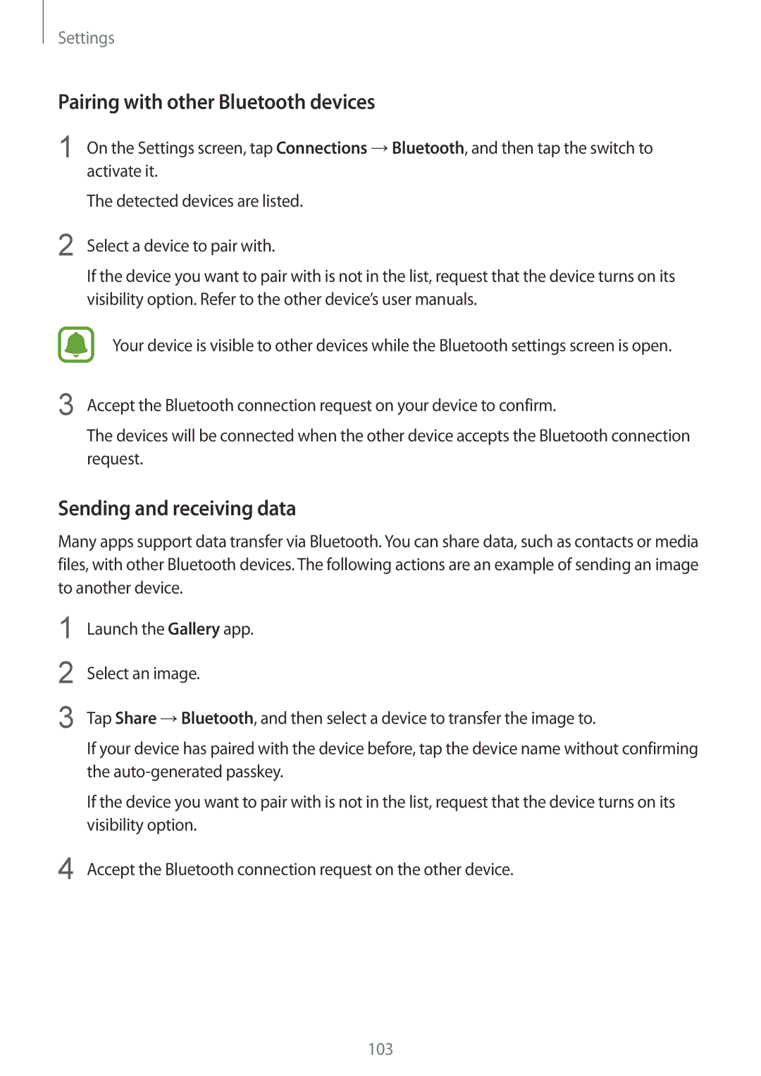 Samsung SM-A910FZDDXXV manual Pairing with other Bluetooth devices, Sending and receiving data 