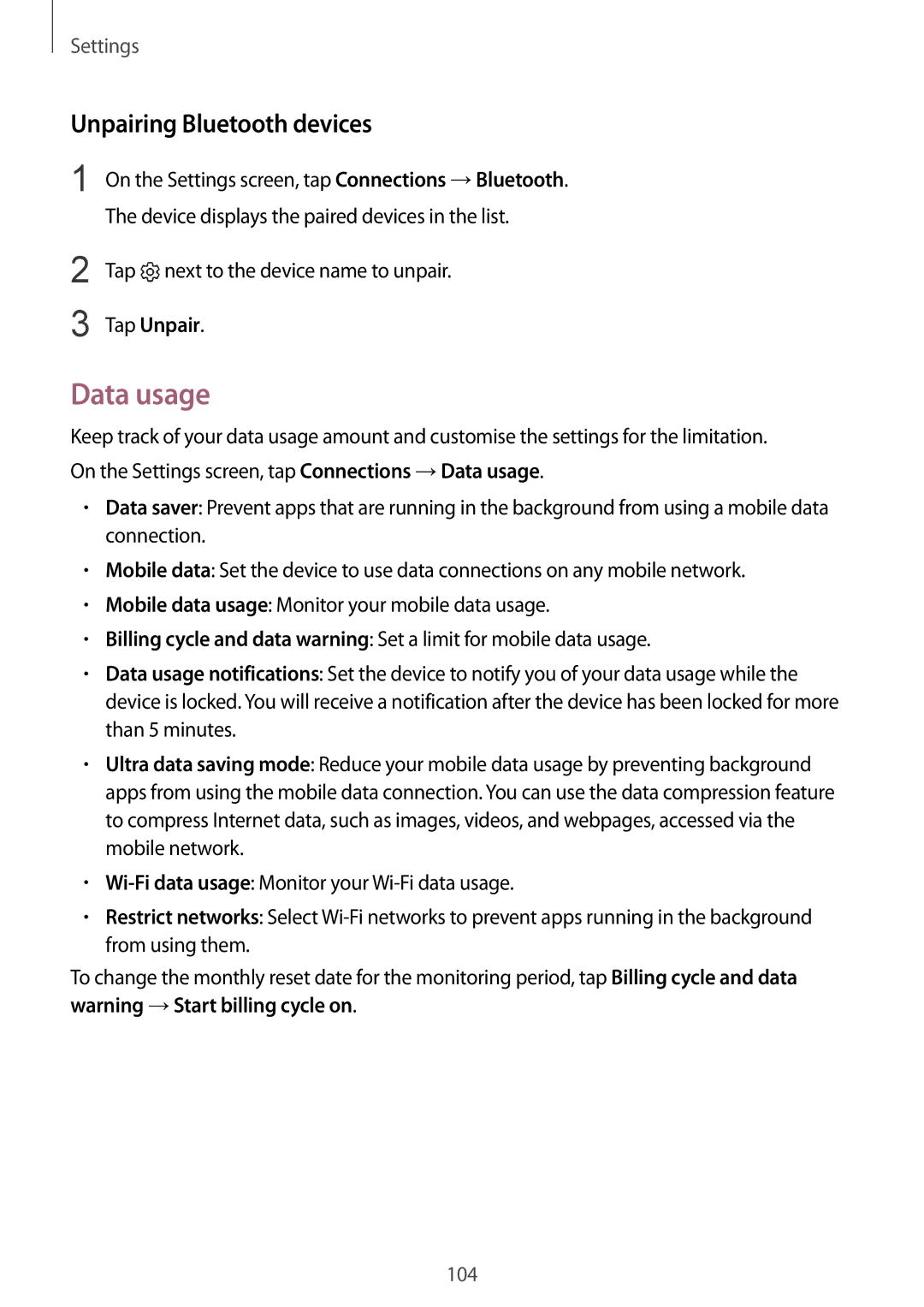 Samsung SM-A910FZDDXXV manual Data usage, Unpairing Bluetooth devices, Tap next to the device name to unpair, Tap Unpair 