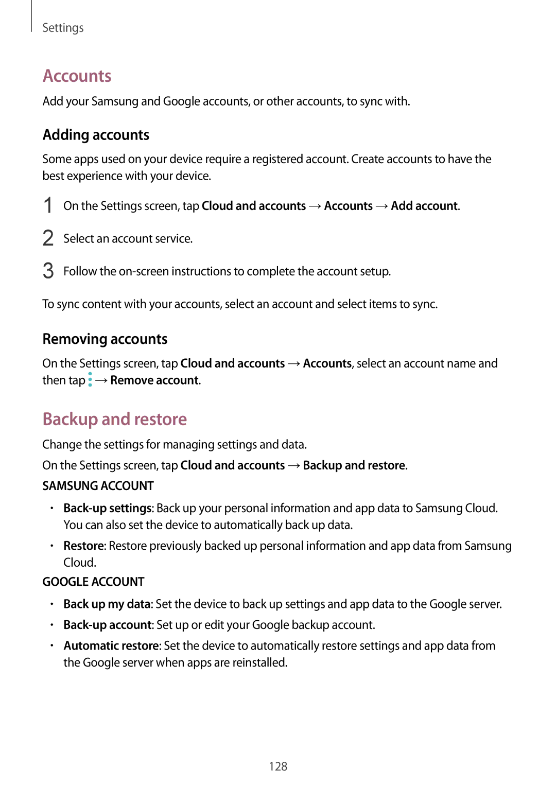 Samsung SM-A910FZDDXXV manual Accounts, Backup and restore, Adding accounts, Removing accounts 