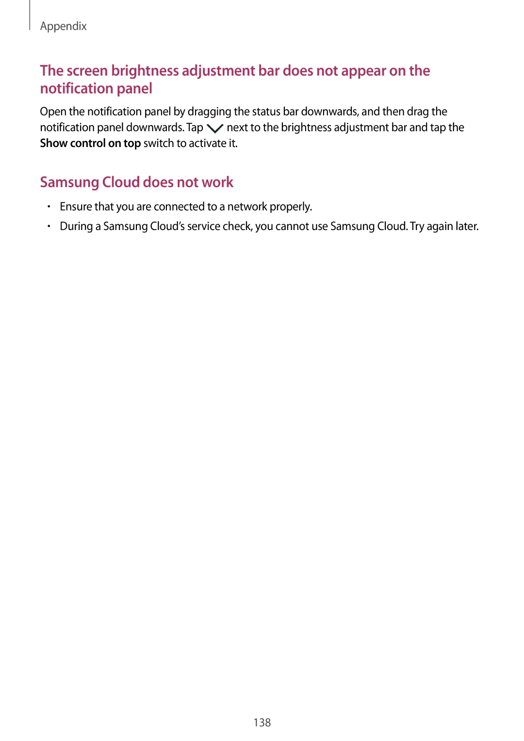 Samsung SM-A910FZDDXXV manual Samsung Cloud does not work, Ensure that you are connected to a network properly 