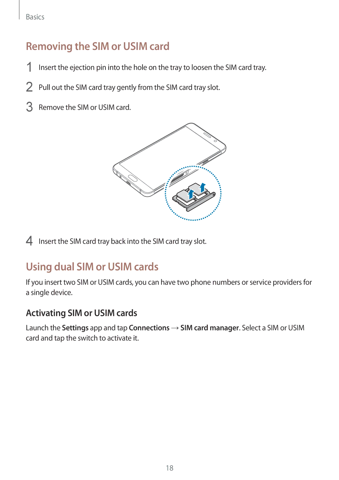 Samsung SM-A910FZDDXXV manual Removing the SIM or Usim card, Using dual SIM or Usim cards, Activating SIM or Usim cards 