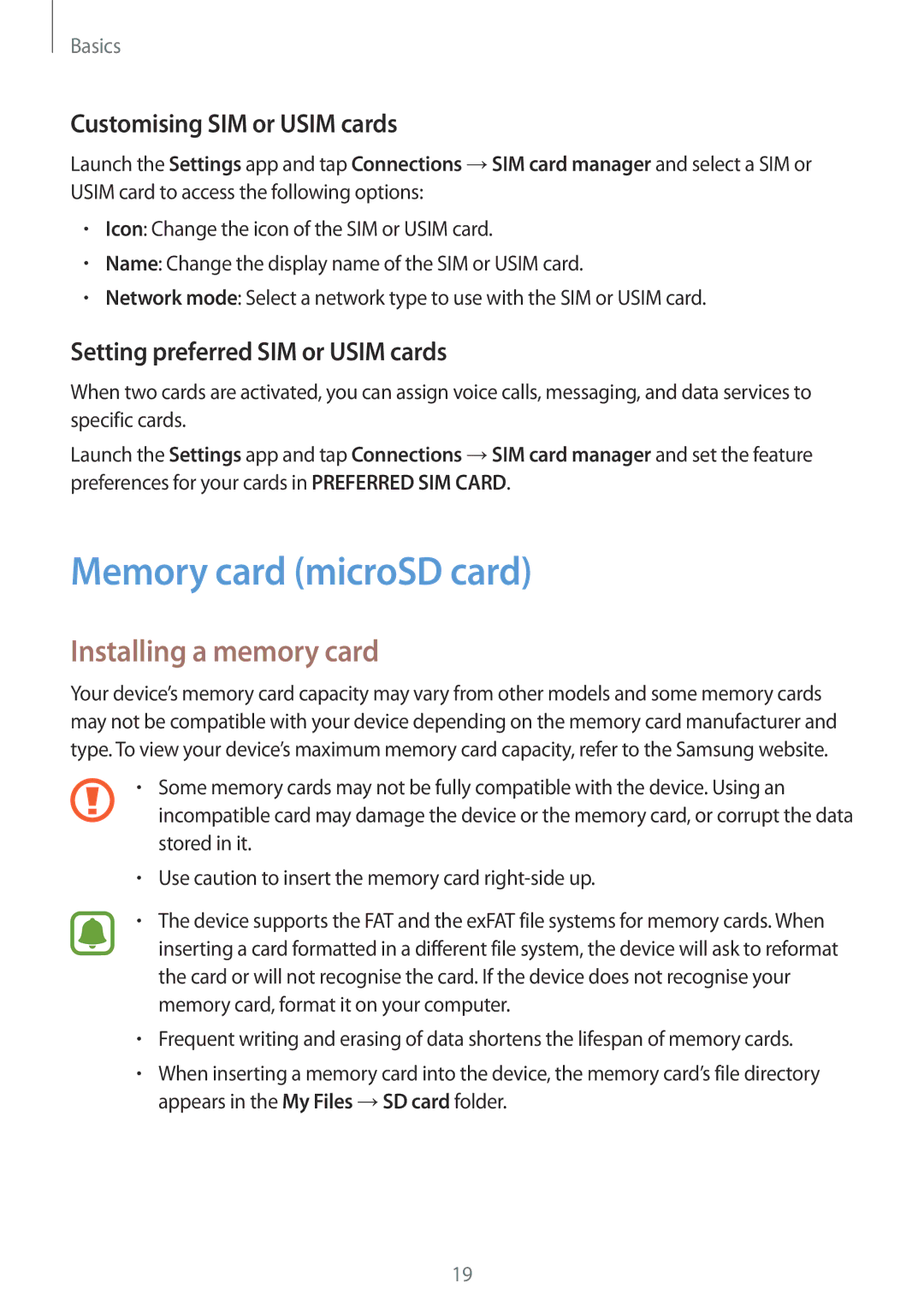 Samsung SM-A910FZDDXXV manual Memory card microSD card, Installing a memory card, Customising SIM or Usim cards 