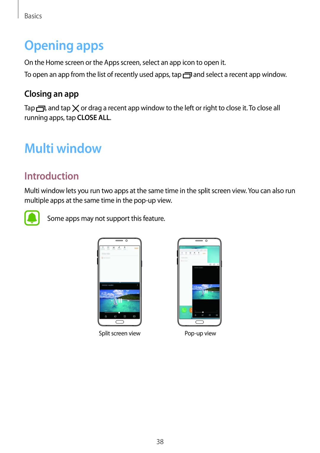 Samsung SM-A910FZDDXXV manual Opening apps, Multi window, Introduction, Closing an app 