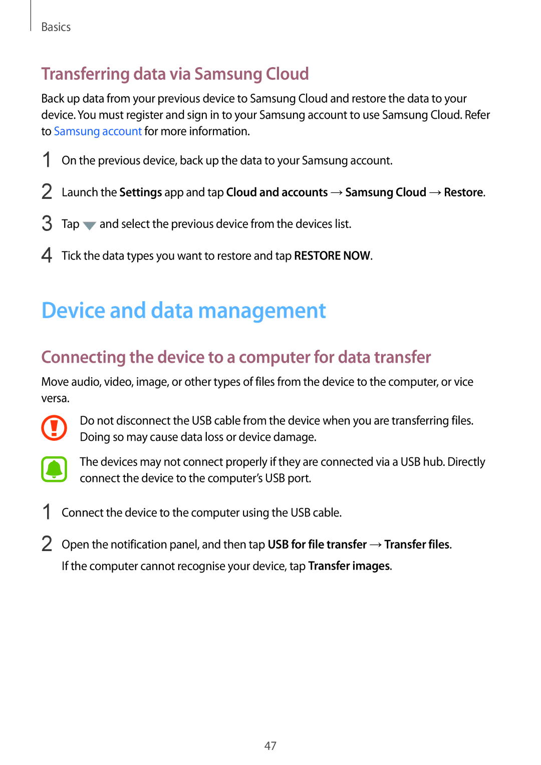 Samsung SM-A910FZDDXXV manual Device and data management, Transferring data via Samsung Cloud 