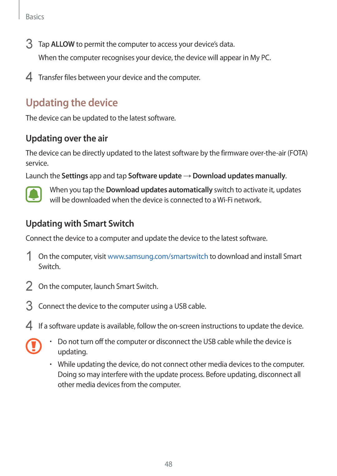 Samsung SM-A910FZDDXXV manual Updating the device, Updating over the air, Updating with Smart Switch 