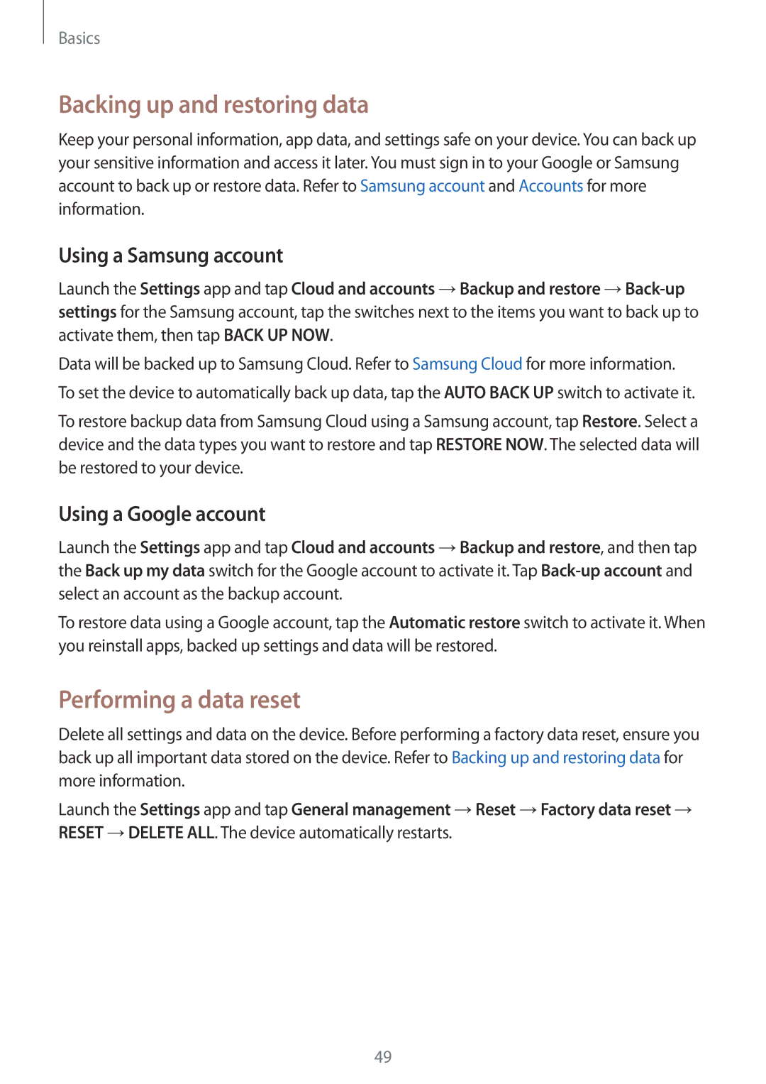 Samsung SM-A910FZDDXXV manual Backing up and restoring data, Performing a data reset, Using a Samsung account 