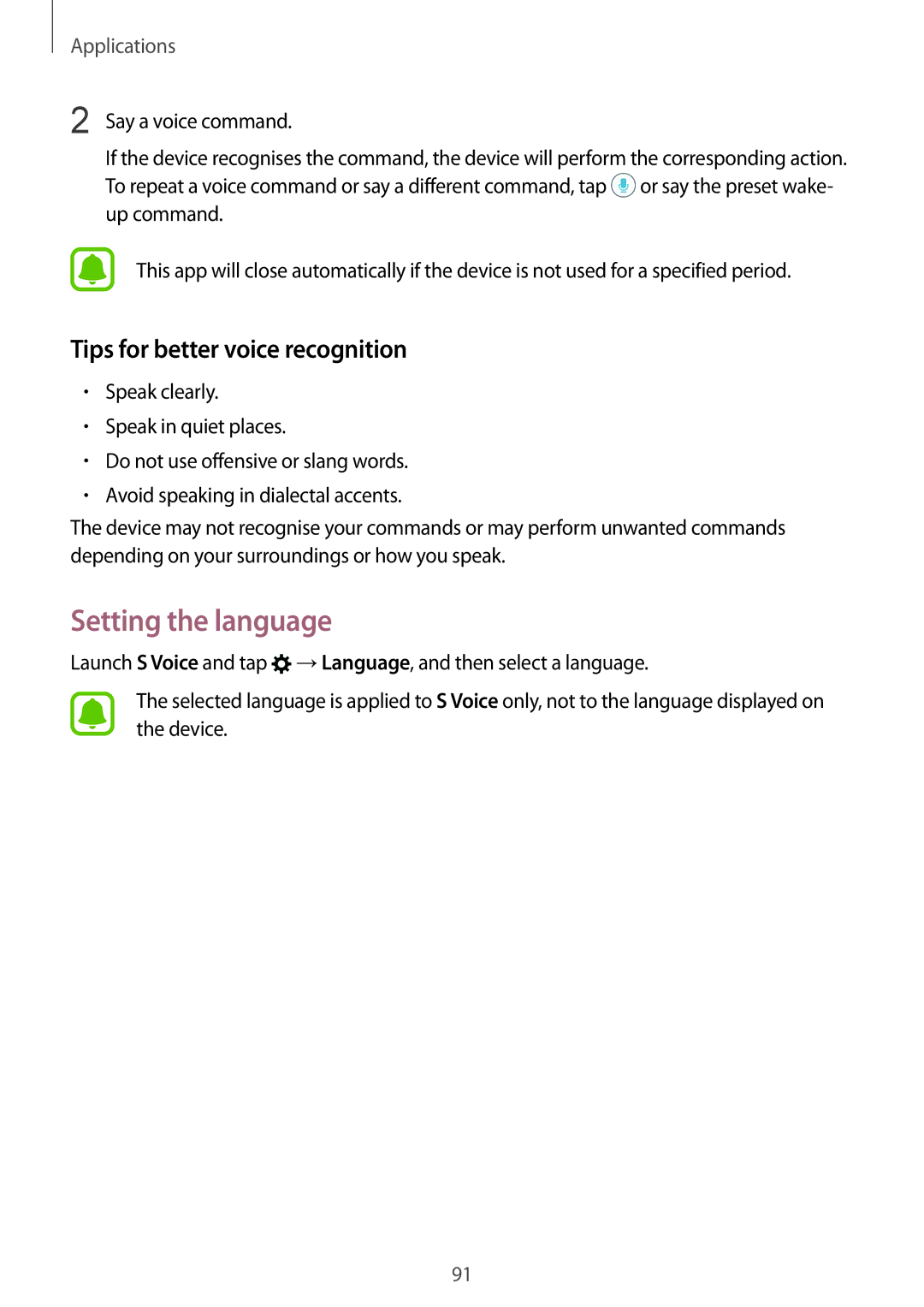 Samsung SM-A910FZDDXXV manual Setting the language, Tips for better voice recognition 