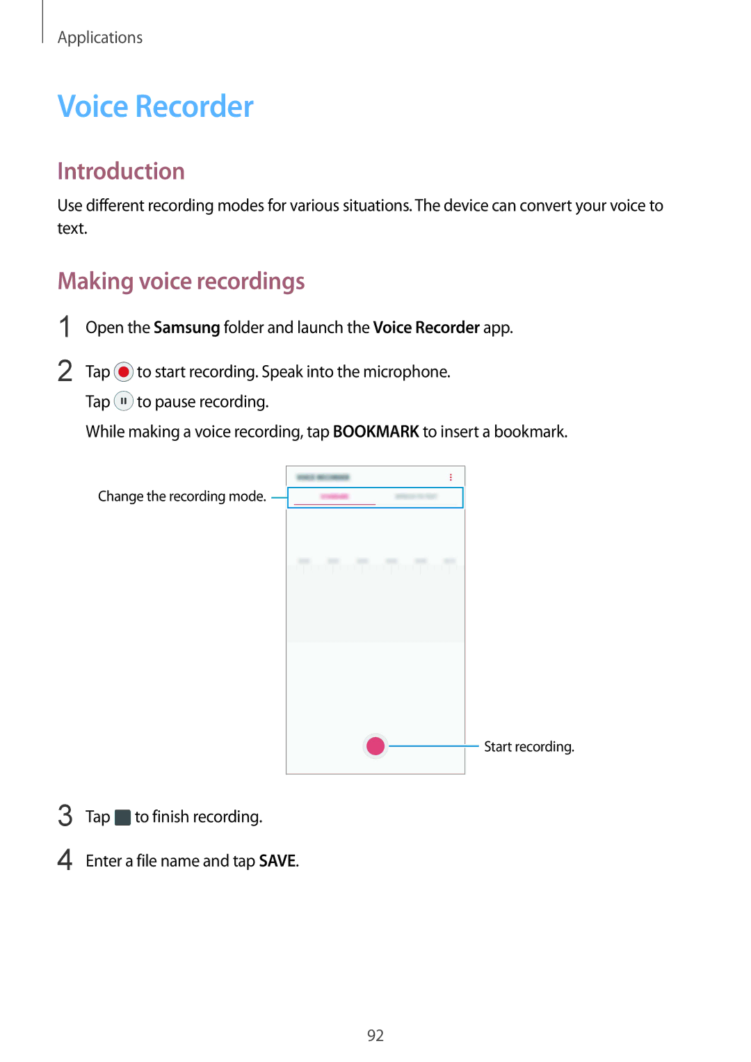 Samsung SM-A910FZDDXXV Voice Recorder, Making voice recordings, Tap to finish recording Enter a file name and tap Save 