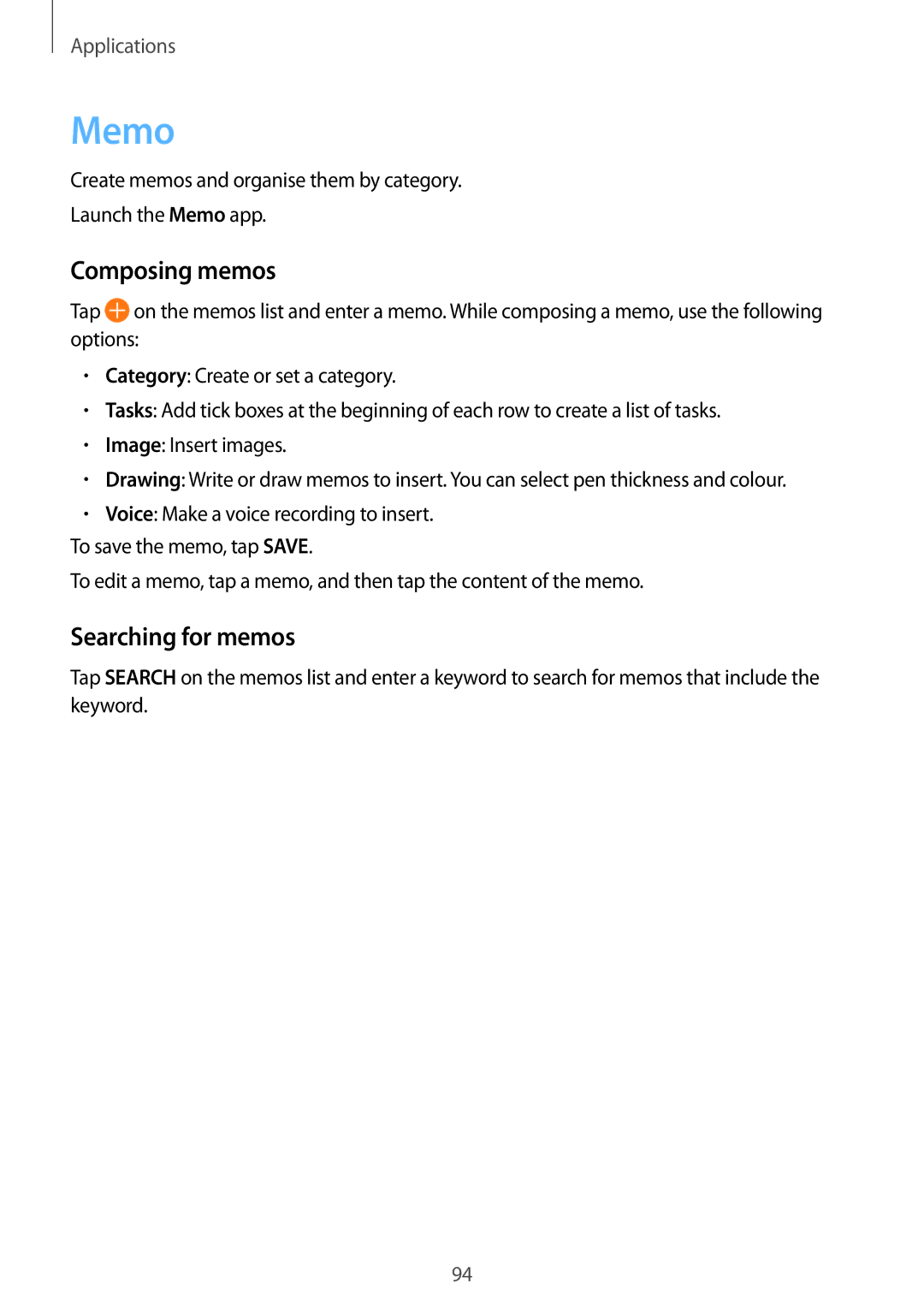 Samsung SM-A910FZDDXXV manual Memo, Composing memos, Searching for memos 