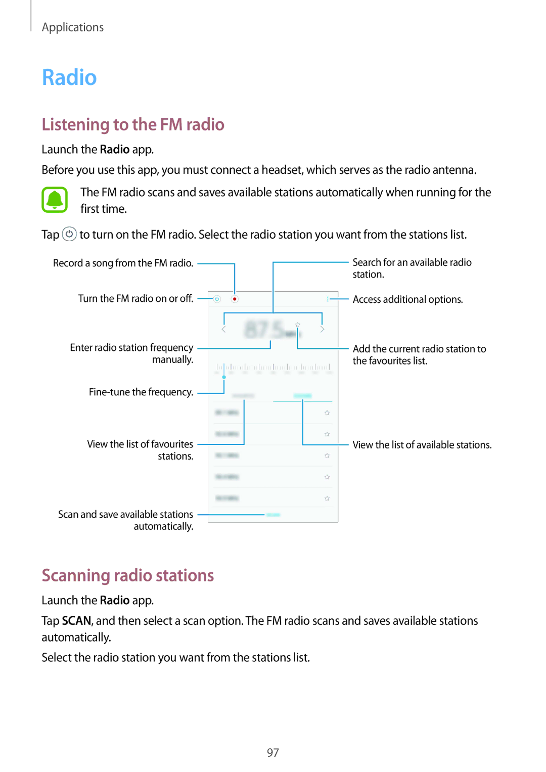 Samsung SM-A910FZDDXXV manual Listening to the FM radio, Scanning radio stations, Launch the Radio app 