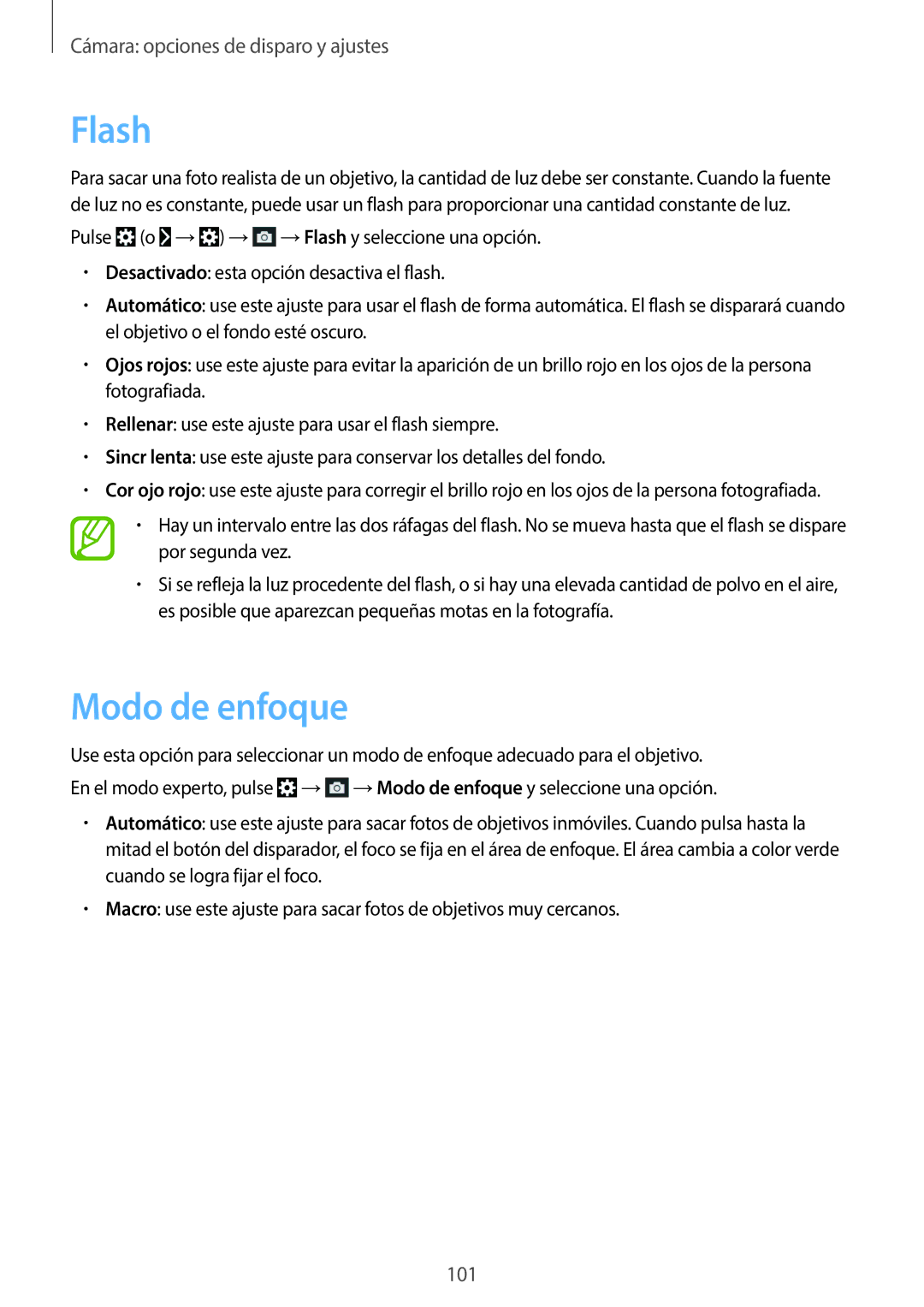 Samsung SM-C1010ZWAPHE, SM-C1010ZKAPHE manual Flash, Modo de enfoque 