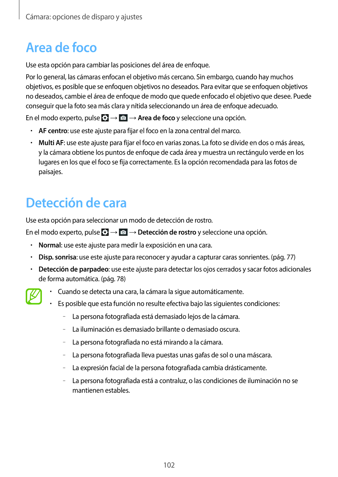 Samsung SM-C1010ZKAPHE, SM-C1010ZWAPHE manual Area de foco, Detección de cara 