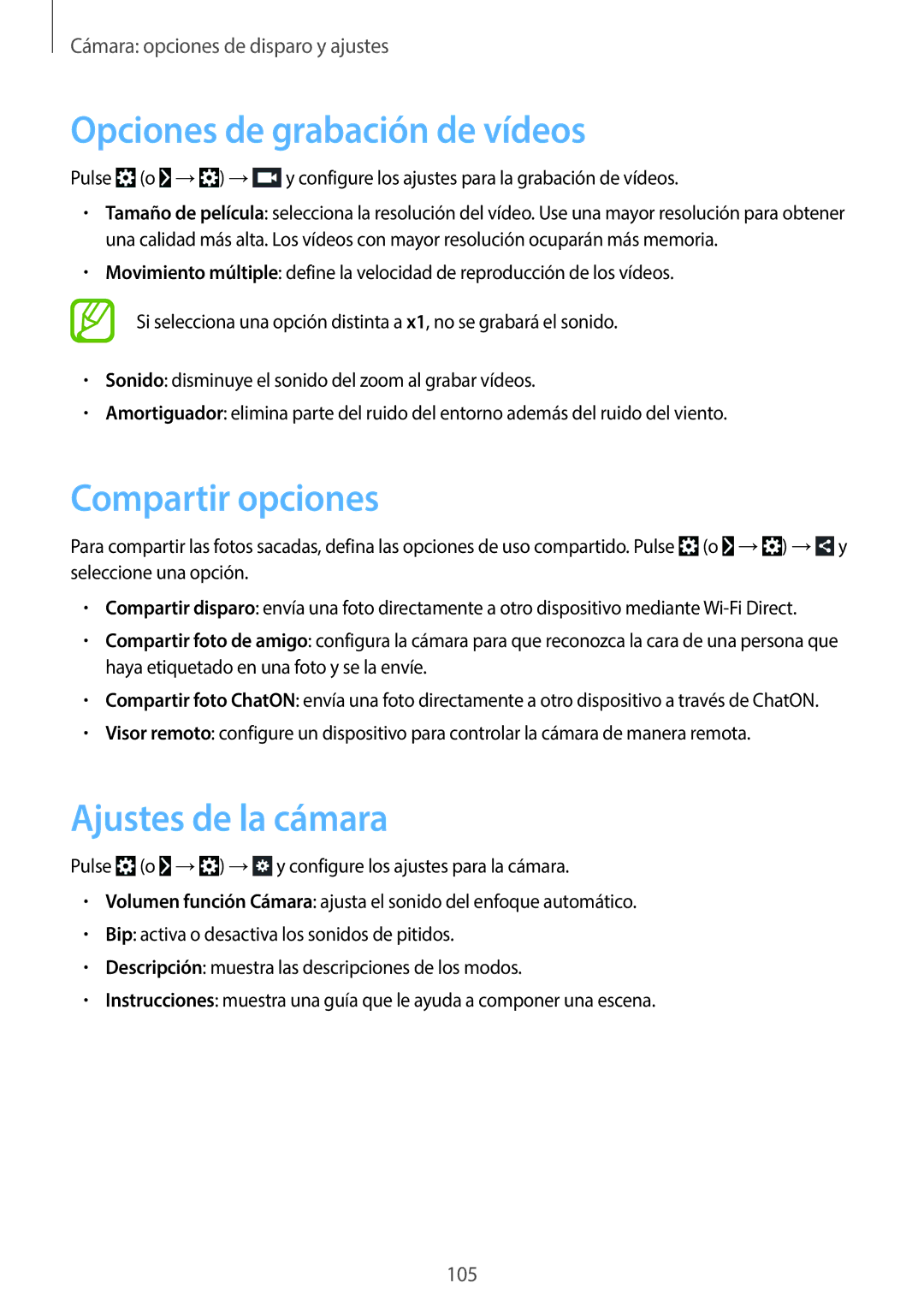 Samsung SM-C1010ZWAPHE, SM-C1010ZKAPHE manual Opciones de grabación de vídeos, Compartir opciones, Ajustes de la cámara 