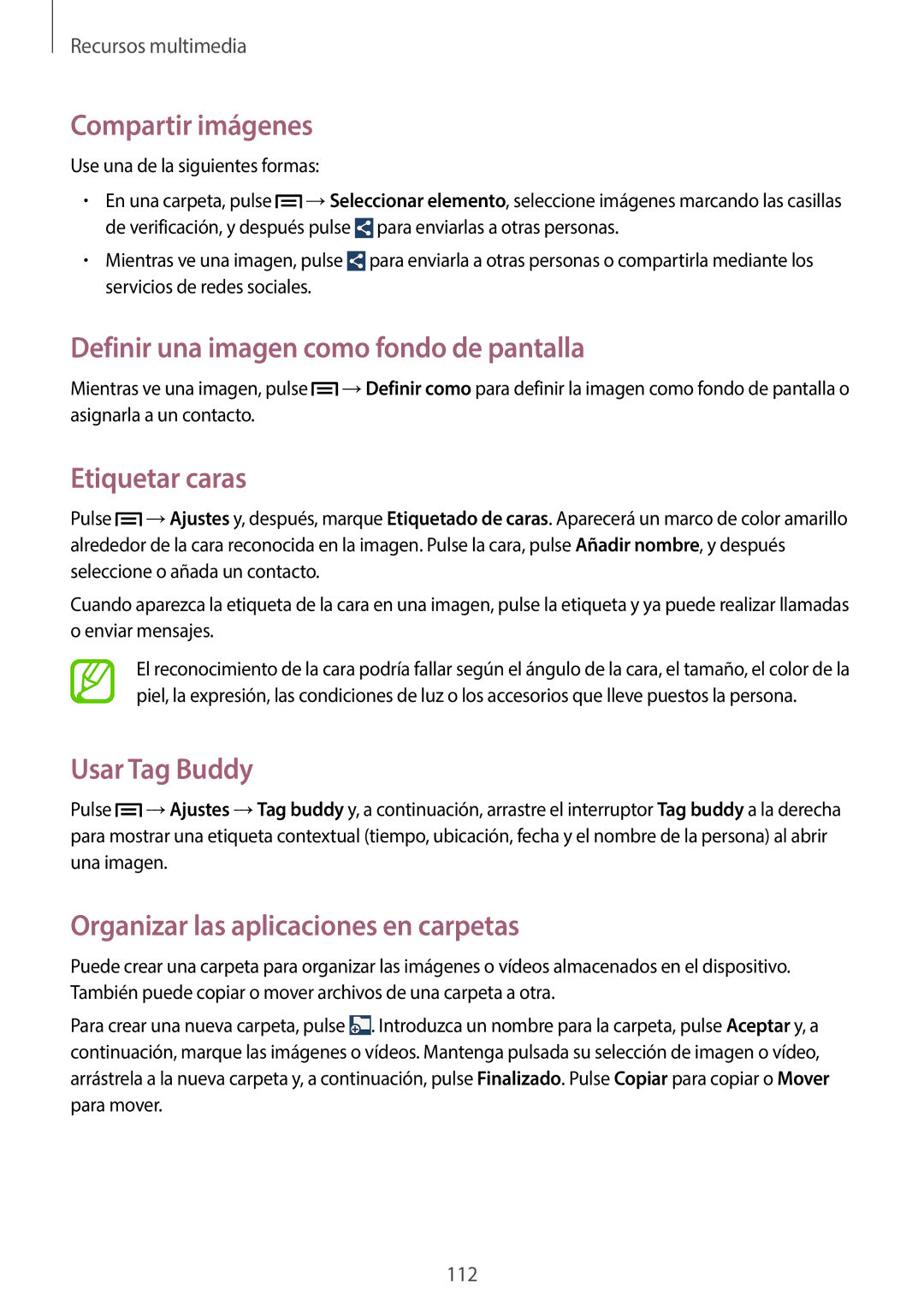 Samsung SM-C1010ZKAPHE Compartir imágenes, Definir una imagen como fondo de pantalla, Etiquetar caras, Usar Tag Buddy 