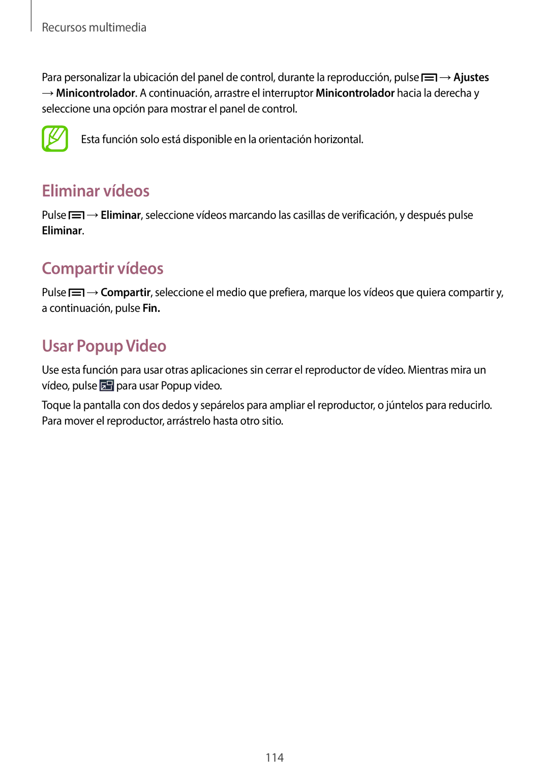 Samsung SM-C1010ZKAPHE, SM-C1010ZWAPHE manual Eliminar vídeos, Compartir vídeos, Usar Popup Video 