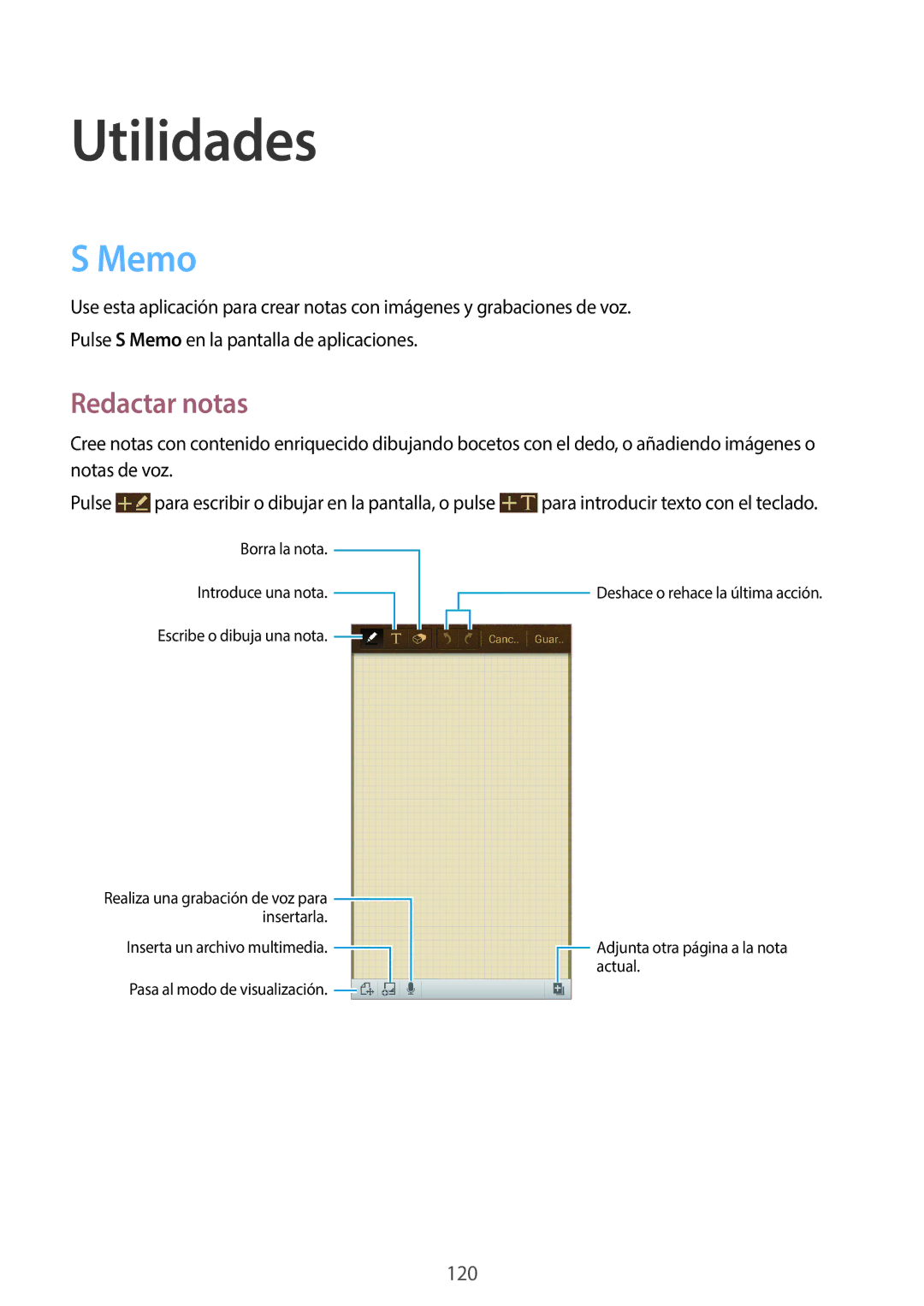 Samsung SM-C1010ZKAPHE, SM-C1010ZWAPHE manual Utilidades, Memo, Redactar notas 