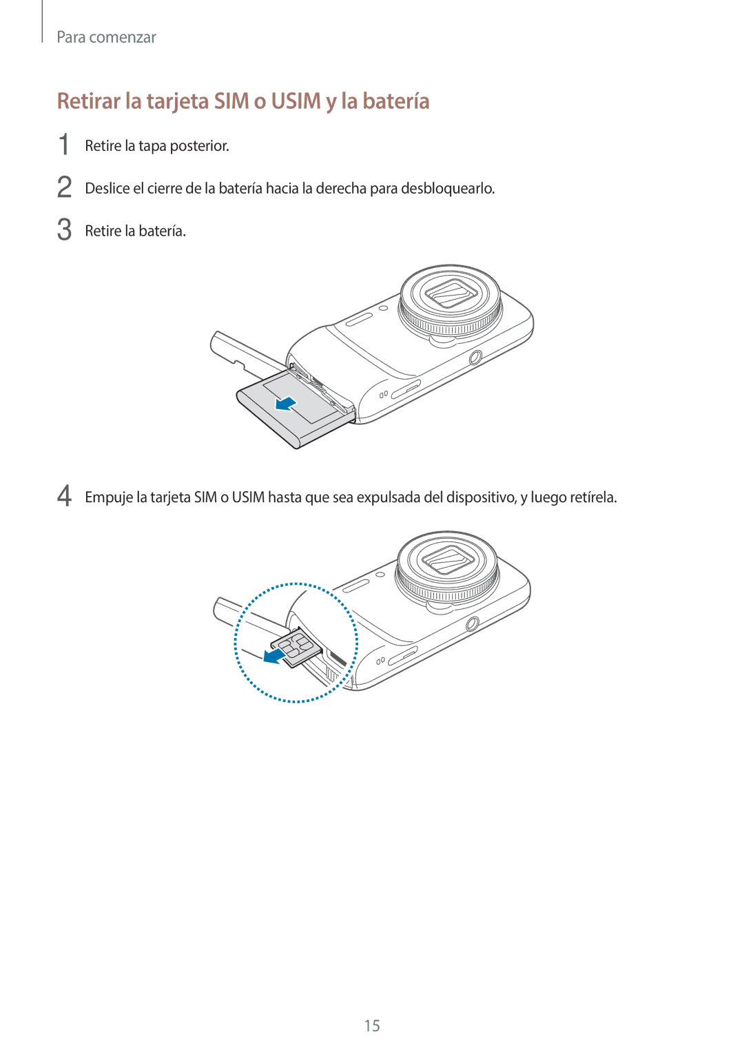 Samsung SM-C1010ZWAPHE, SM-C1010ZKAPHE manual Retirar la tarjeta SIM o Usim y la batería 