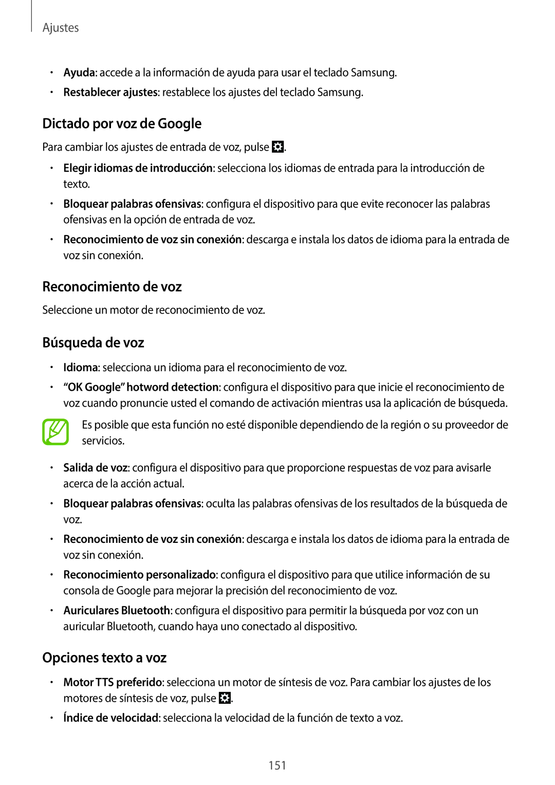 Samsung SM-C1010ZWAPHE manual Dictado por voz de Google, Reconocimiento de voz, Búsqueda de voz, Opciones texto a voz 