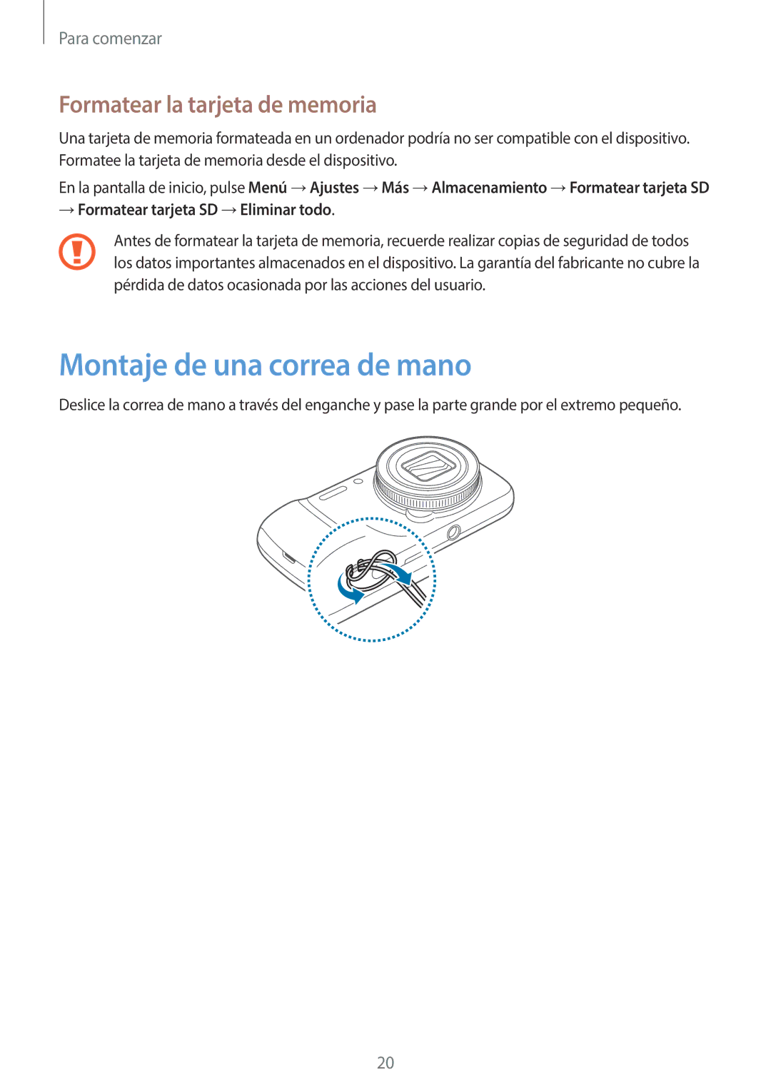 Samsung SM-C1010ZKAPHE, SM-C1010ZWAPHE manual Montaje de una correa de mano, Formatear la tarjeta de memoria 