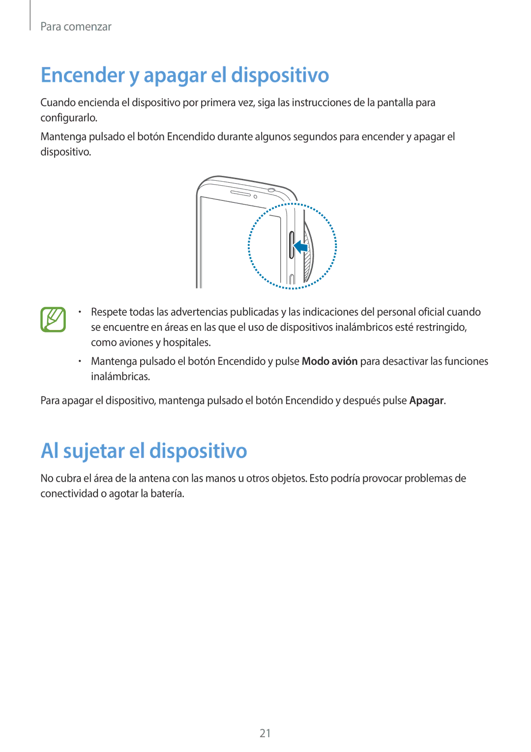 Samsung SM-C1010ZWAPHE, SM-C1010ZKAPHE manual Encender y apagar el dispositivo, Al sujetar el dispositivo 