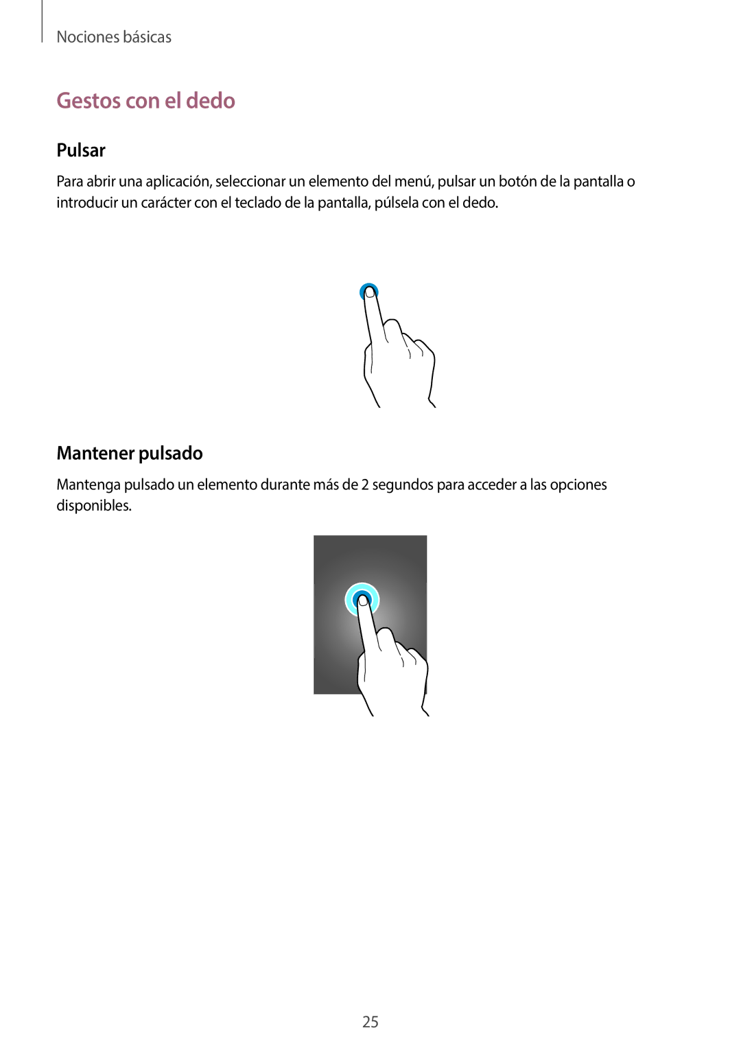 Samsung SM-C1010ZWAPHE, SM-C1010ZKAPHE manual Gestos con el dedo, Pulsar, Mantener pulsado 
