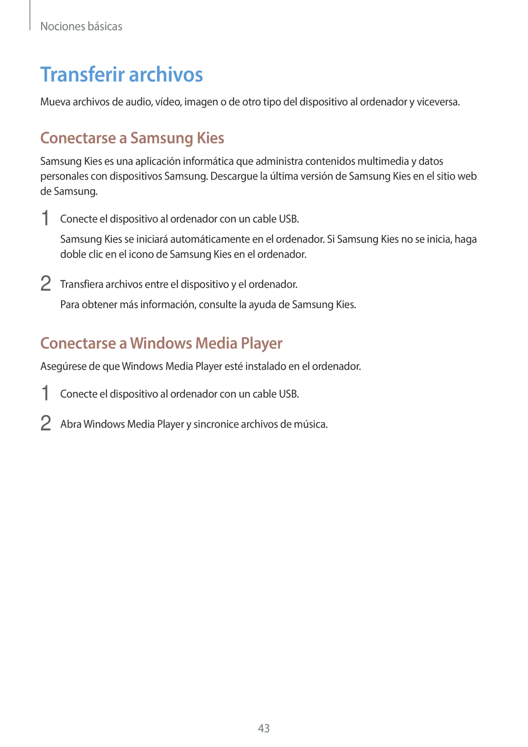 Samsung SM-C1010ZWAPHE, SM-C1010ZKAPHE Transferir archivos, Conectarse a Samsung Kies, Conectarse a Windows Media Player 