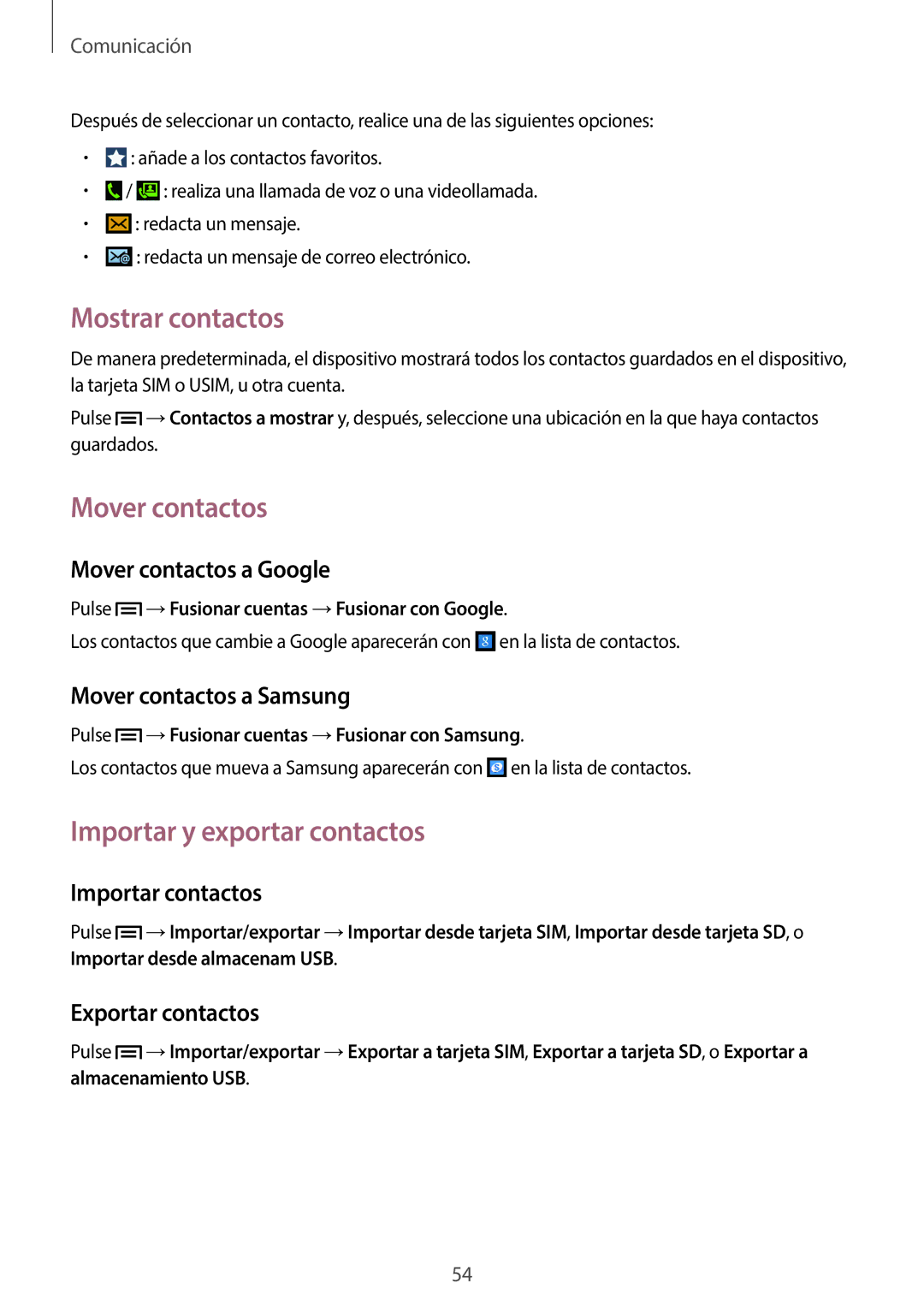 Samsung SM-C1010ZKAPHE, SM-C1010ZWAPHE manual Mostrar contactos, Mover contactos, Importar y exportar contactos 