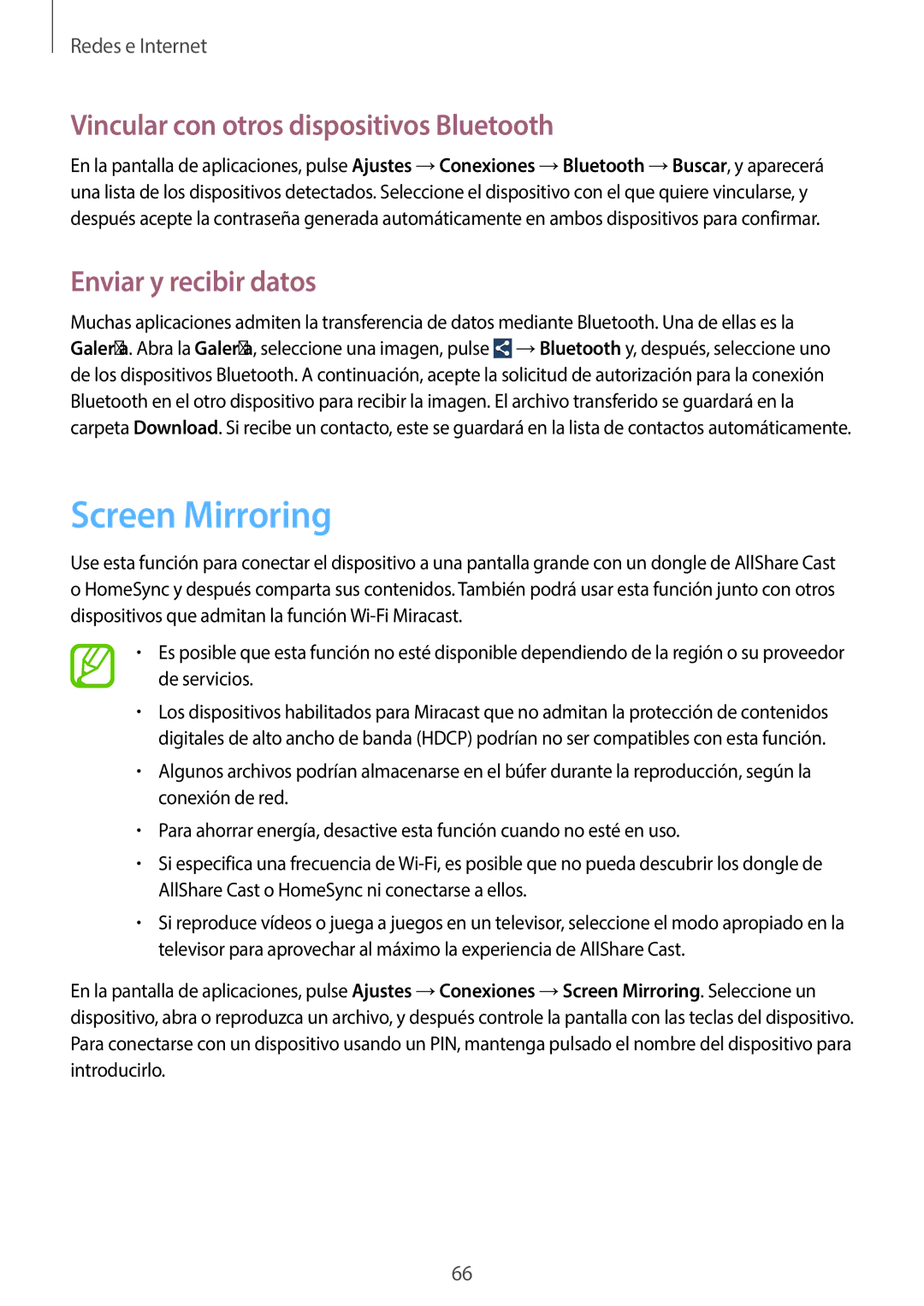 Samsung SM-C1010ZKAPHE, SM-C1010ZWAPHE Screen Mirroring, Vincular con otros dispositivos Bluetooth, Enviar y recibir datos 