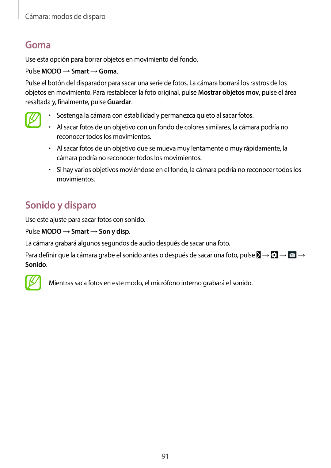 Samsung SM-C1010ZWAPHE, SM-C1010ZKAPHE manual Sonido y disparo, Pulse Modo →Smart →Goma, Pulse Modo →Smart →Son y disp 
