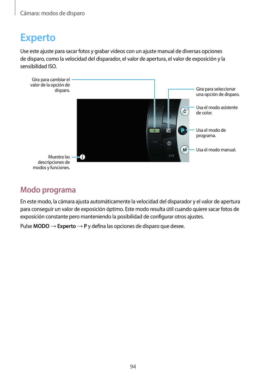 Samsung SM-C1010ZKAPHE, SM-C1010ZWAPHE manual Experto, Modo programa 