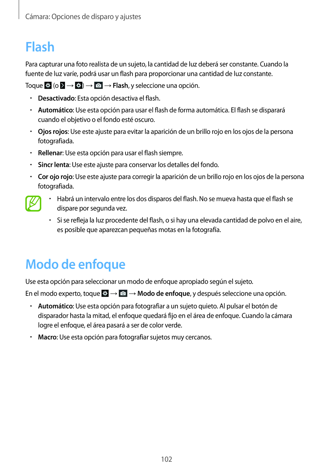Samsung SM-C1010ZKAPHE, SM-C1010ZWAPHE manual Flash, Modo de enfoque 