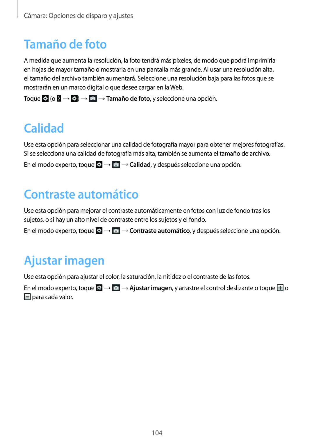 Samsung SM-C1010ZKAPHE, SM-C1010ZWAPHE manual Tamaño de foto, Calidad, Contraste automático, Ajustar imagen 