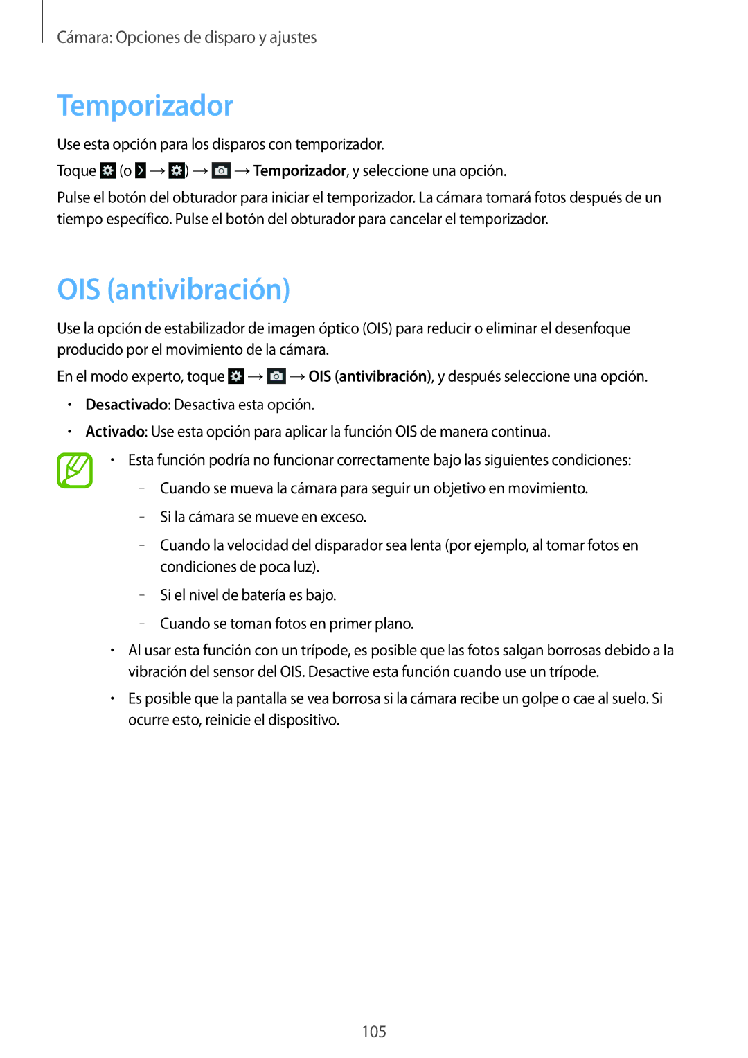 Samsung SM-C1010ZWAPHE, SM-C1010ZKAPHE manual Temporizador, OIS antivibración 