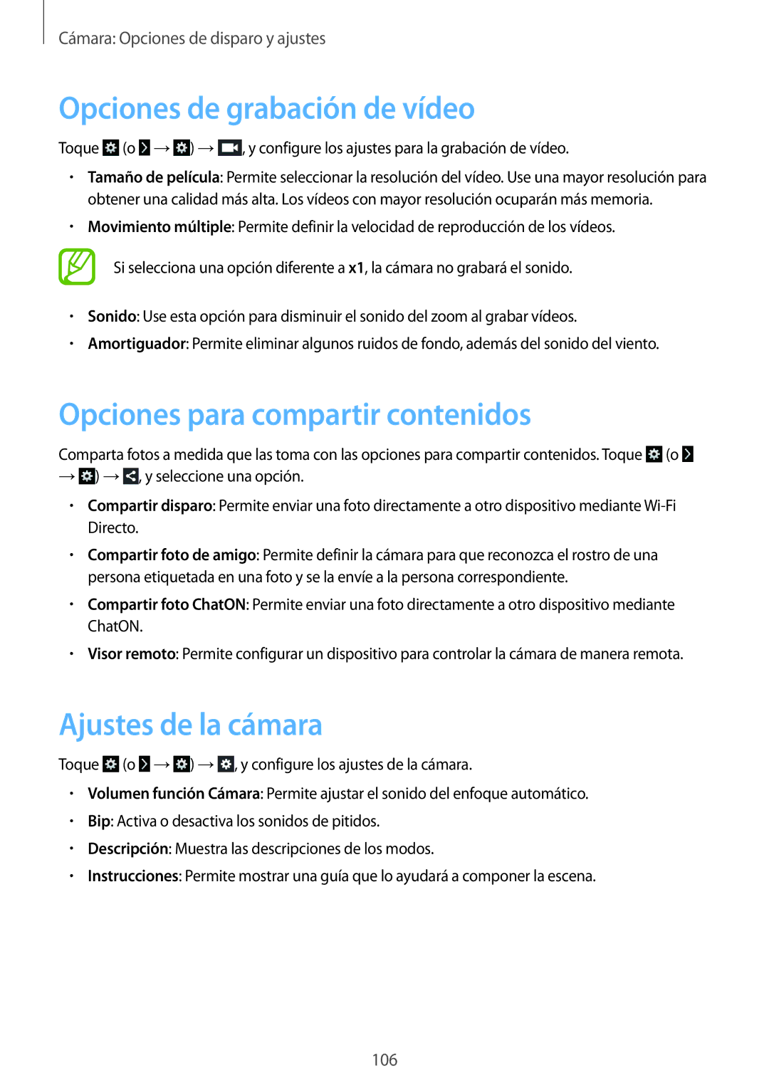 Samsung SM-C1010ZKAPHE manual Opciones de grabación de vídeo, Opciones para compartir contenidos, Ajustes de la cámara 