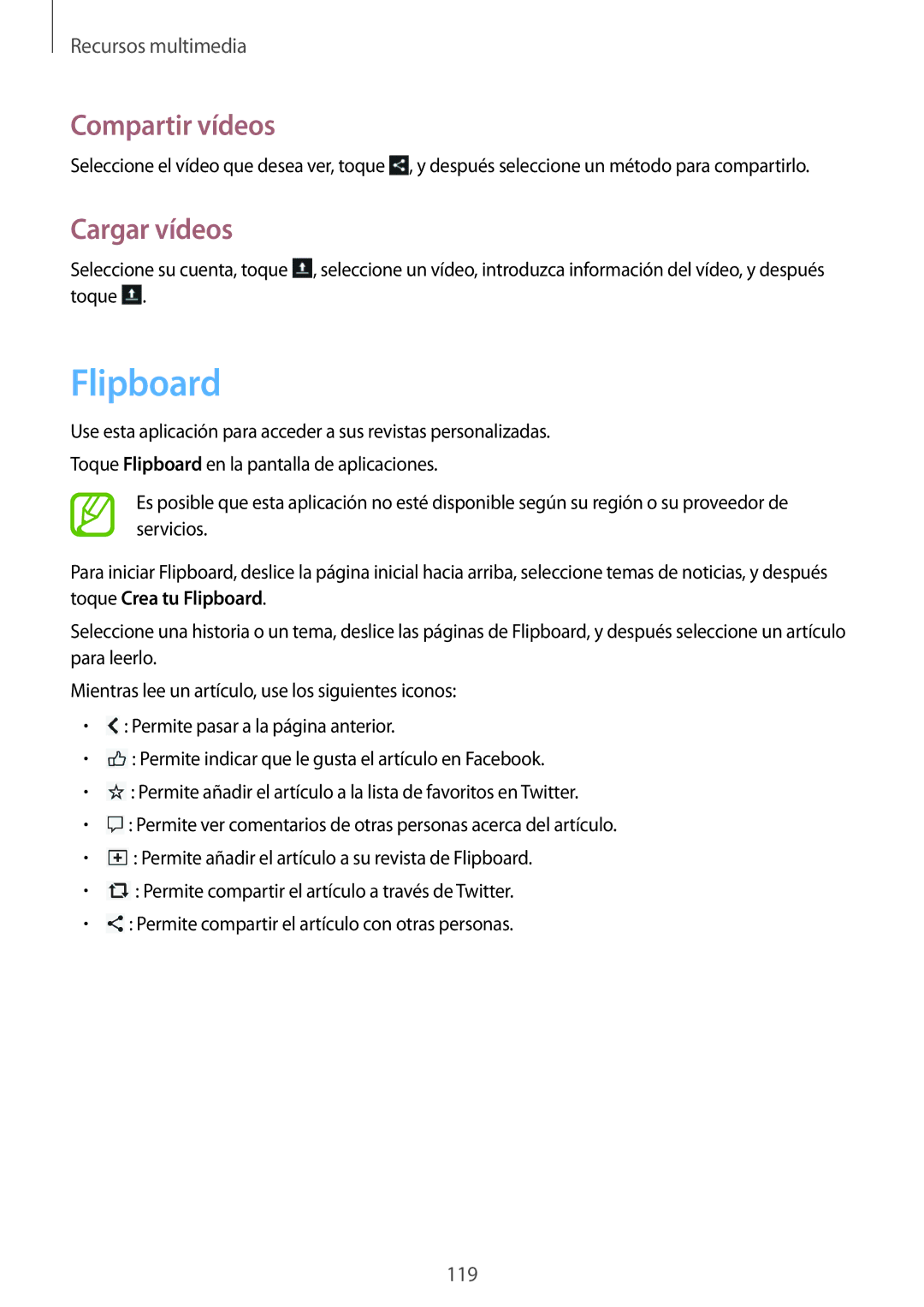 Samsung SM-C1010ZWAPHE, SM-C1010ZKAPHE manual Flipboard, Cargar vídeos 