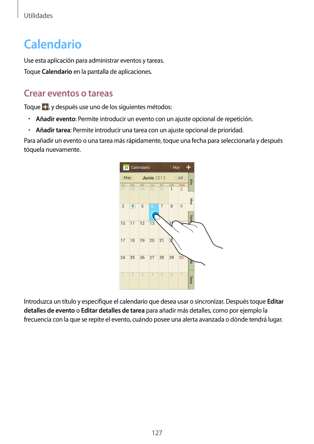 Samsung SM-C1010ZWAPHE, SM-C1010ZKAPHE manual Calendario, Crear eventos o tareas 