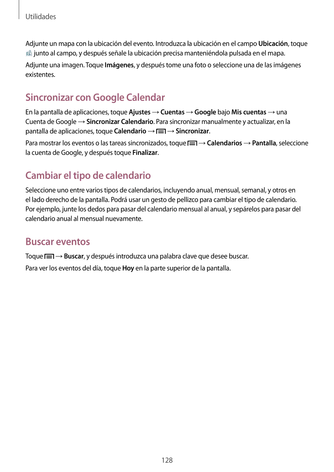 Samsung SM-C1010ZKAPHE, SM-C1010ZWAPHE manual Sincronizar con Google Calendar, Cambiar el tipo de calendario, Buscar eventos 