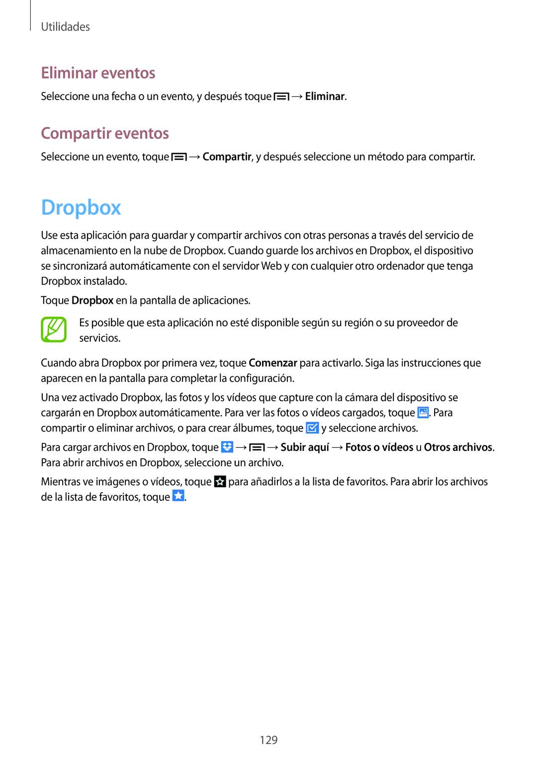 Samsung SM-C1010ZWAPHE, SM-C1010ZKAPHE manual Dropbox, Eliminar eventos, Compartir eventos 