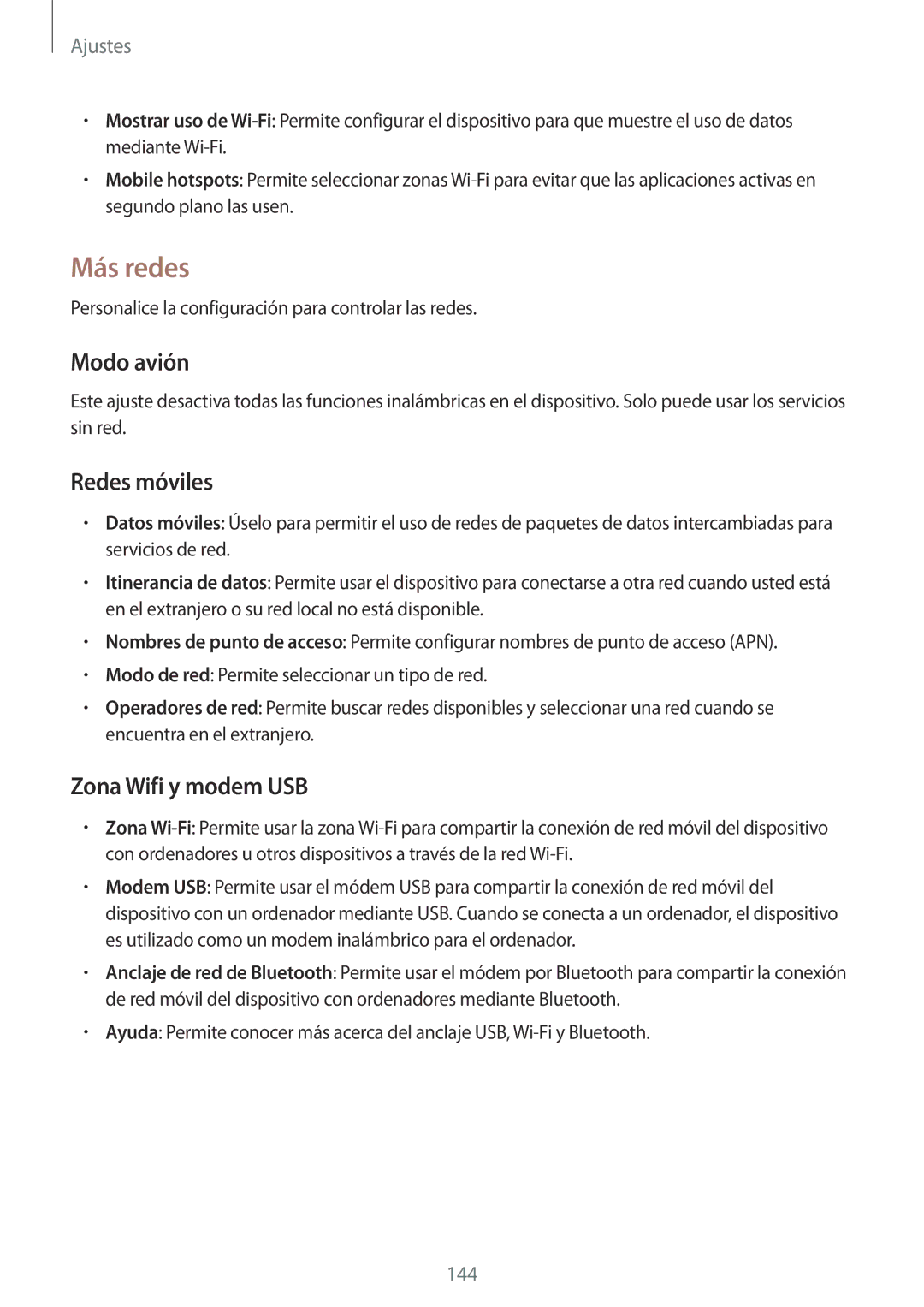 Samsung SM-C1010ZKAPHE, SM-C1010ZWAPHE manual Más redes, Modo avión, Redes móviles, Zona Wifi y modem USB 