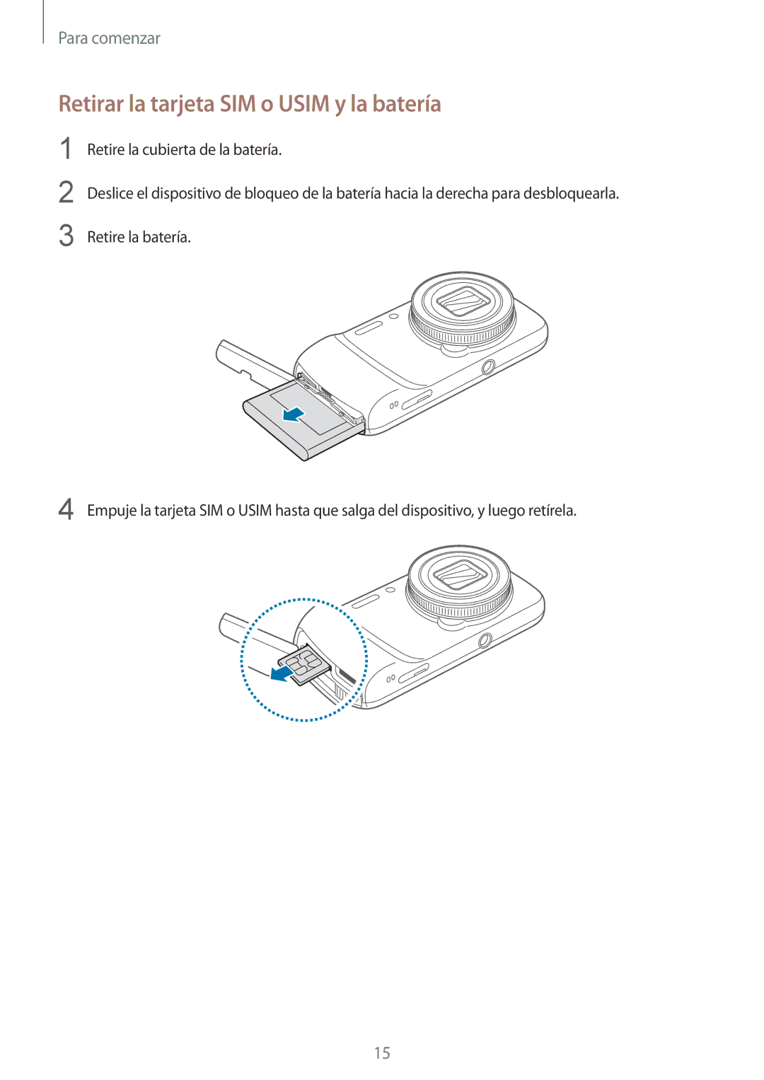 Samsung SM-C1010ZWAPHE, SM-C1010ZKAPHE manual Retirar la tarjeta SIM o Usim y la batería 