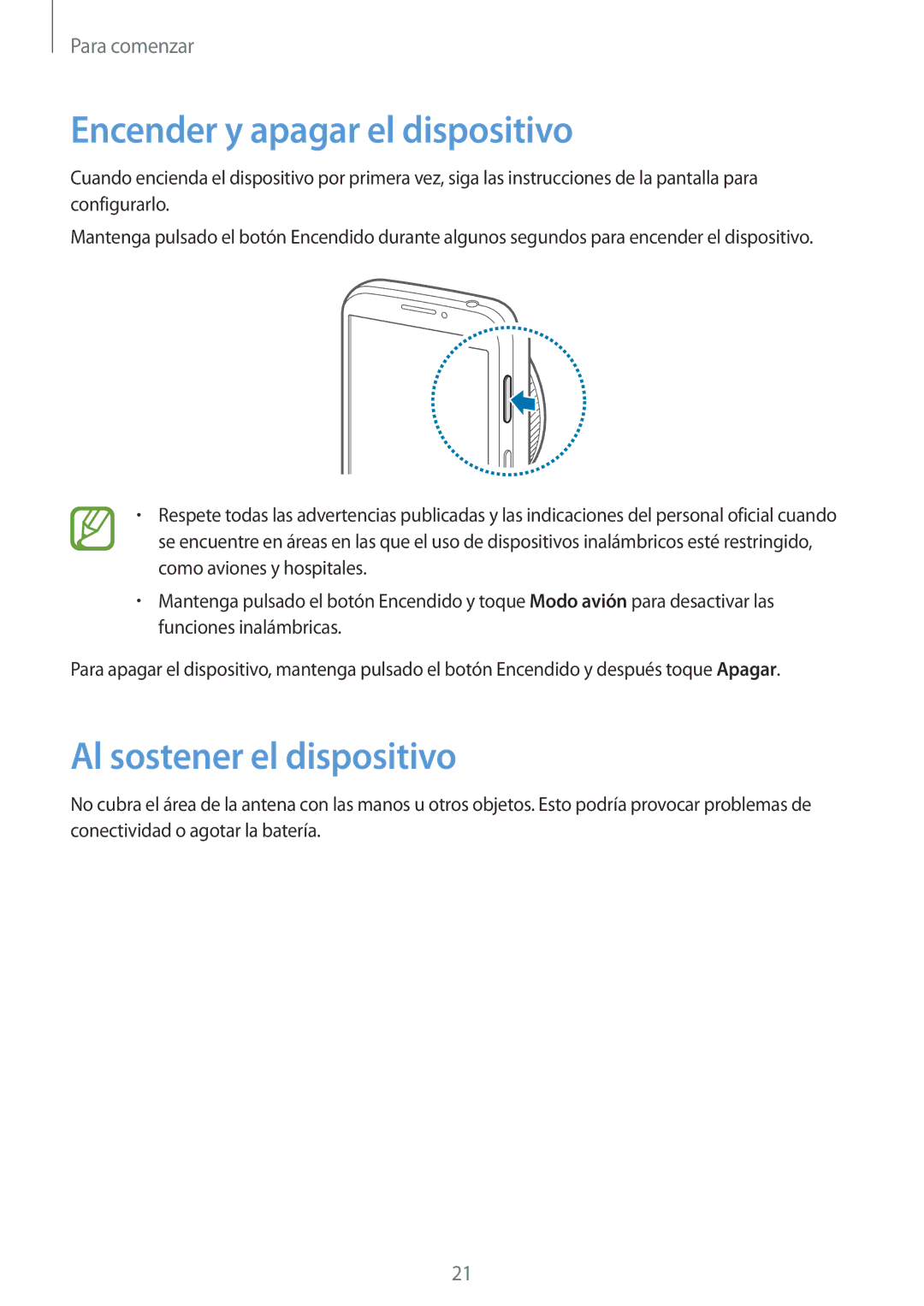 Samsung SM-C1010ZWAPHE, SM-C1010ZKAPHE manual Encender y apagar el dispositivo, Al sostener el dispositivo 