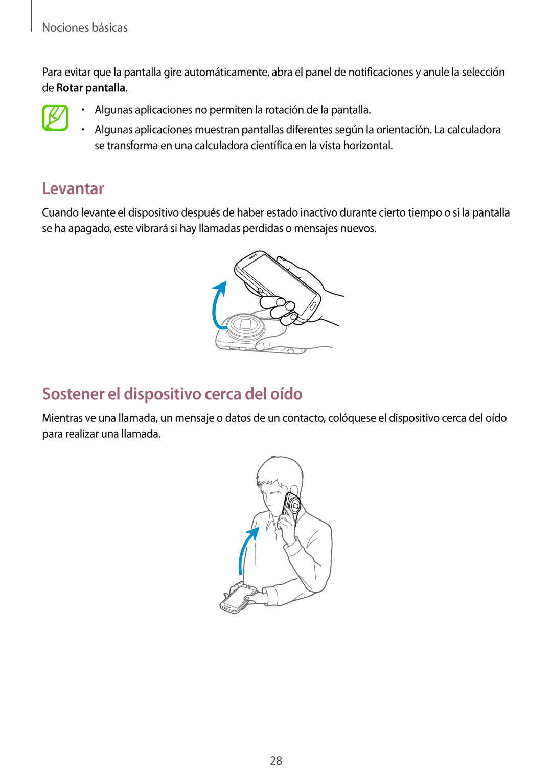 Samsung SM-C1010ZKAPHE, SM-C1010ZWAPHE manual Levantar, Sostener el dispositivo cerca del oído 