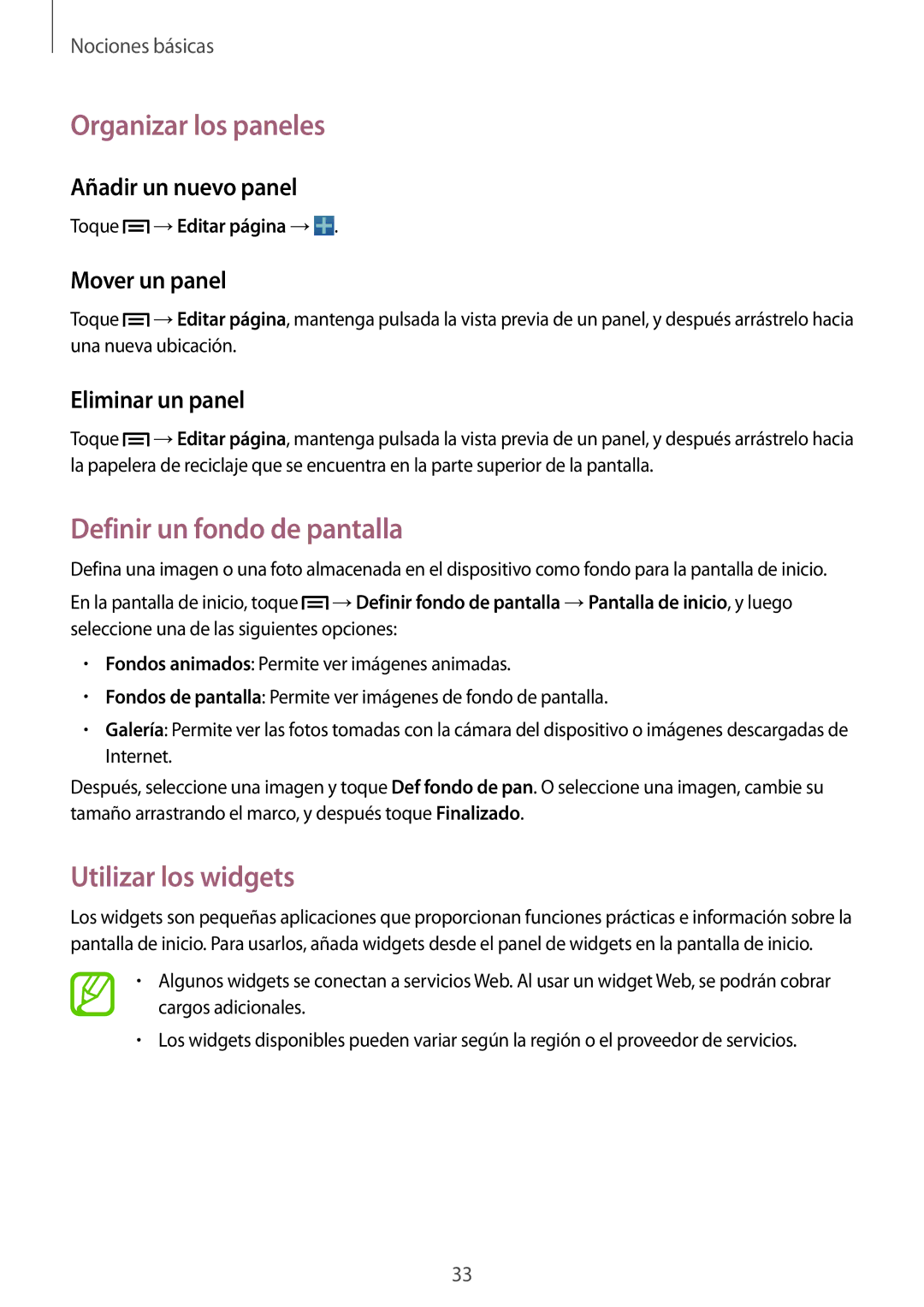 Samsung SM-C1010ZWAPHE, SM-C1010ZKAPHE manual Organizar los paneles, Definir un fondo de pantalla, Utilizar los widgets 