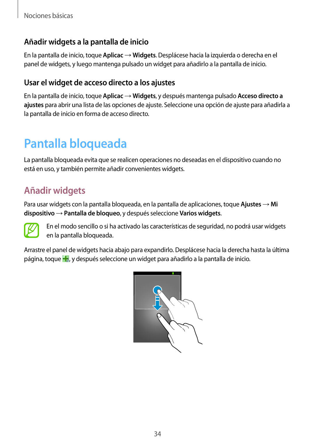 Samsung SM-C1010ZKAPHE, SM-C1010ZWAPHE manual Pantalla bloqueada, Añadir widgets a la pantalla de inicio 